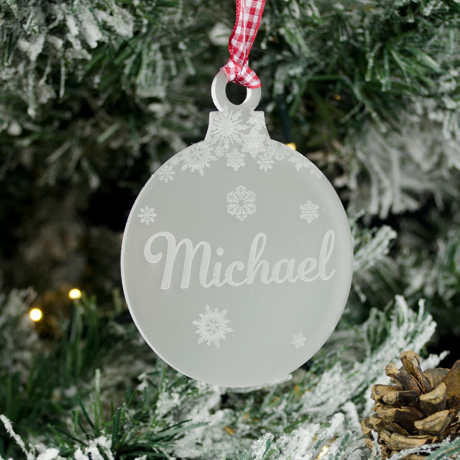 Rustic Charm Personalised Christmas Tree Decoration, Frosted Acrylic Xmas Gift With Engraved Name. Bauble Snowflakes Decor.