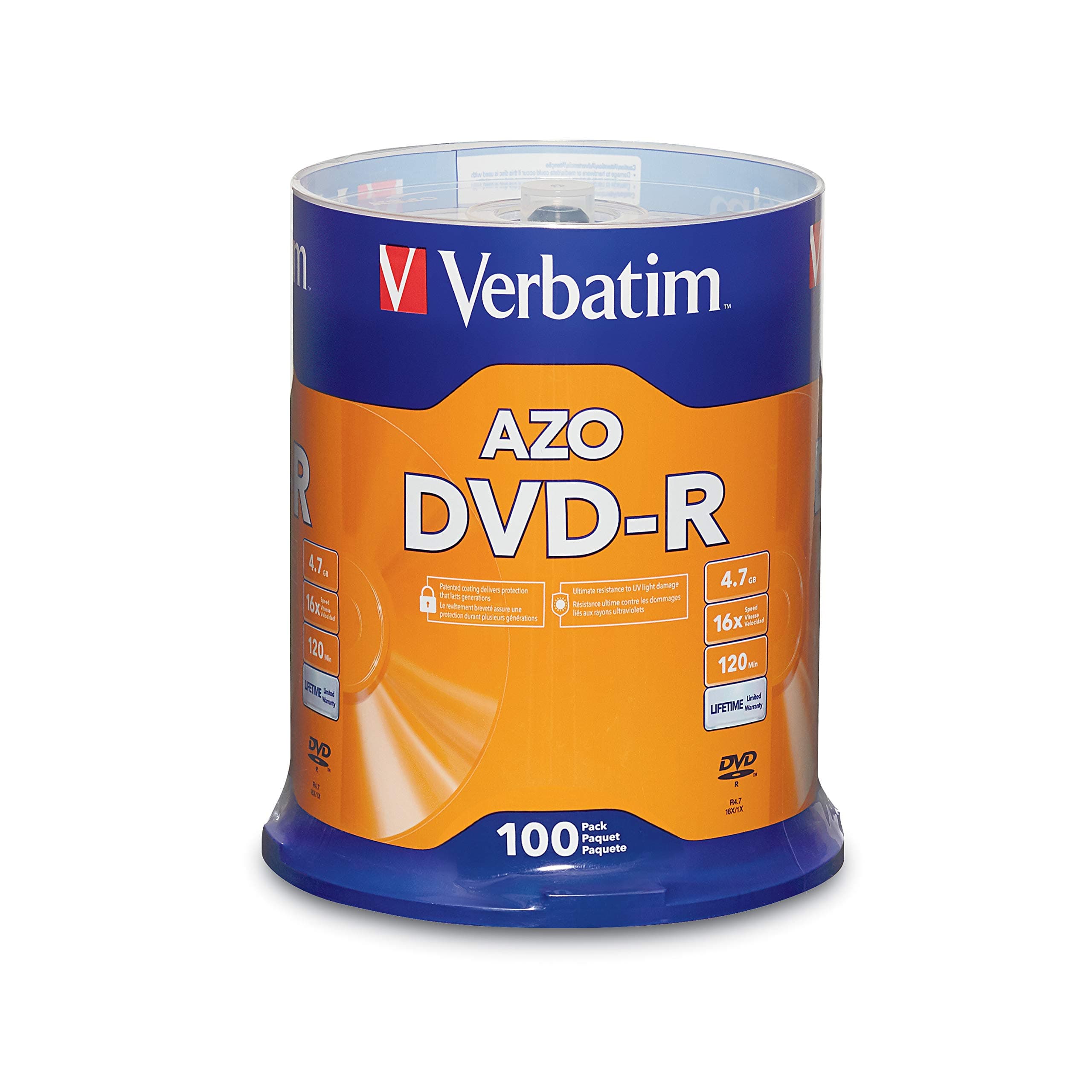DVD-R Blank Discs AZO Dye 4.7GB 16X Recordable Disc - 100 Pack Spindle Frustration Free Packaging