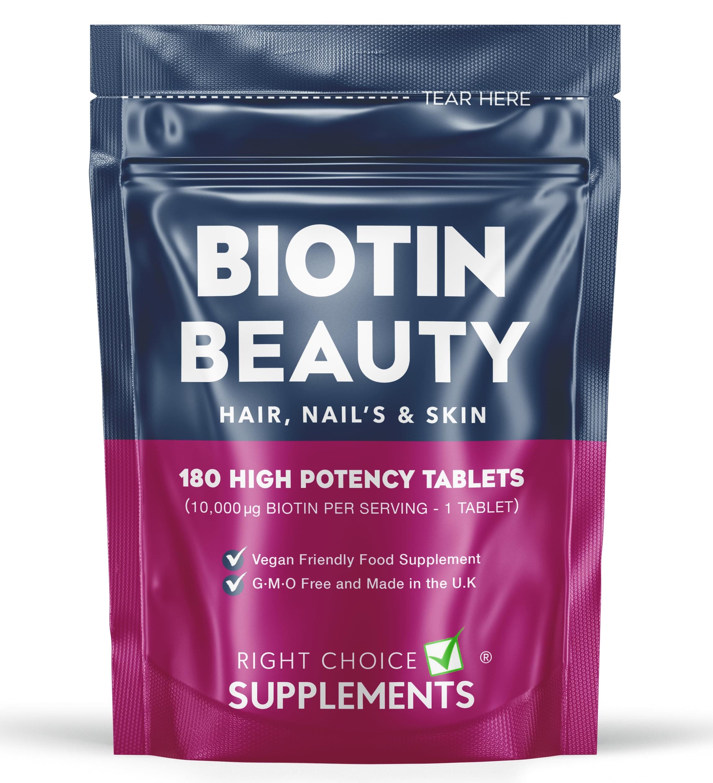 Biotin 10,000mcg - 180 Tablets / 6 Month Supply Double Strength - Supports The Growth & Maintenance of Healthy Hair Nails & Skin for Women and Men