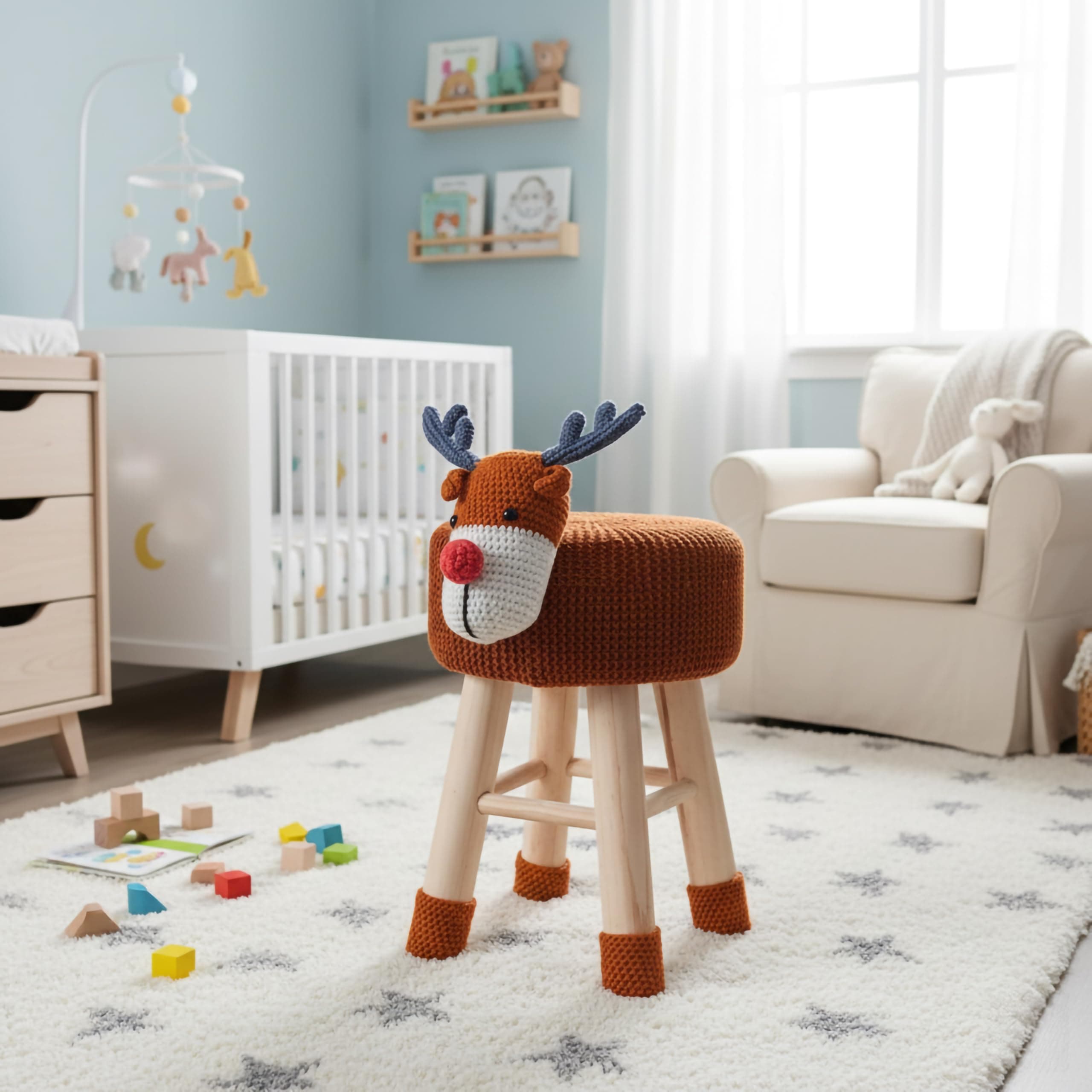 AC Pacific Woodland Deer Stool for Kids, Animal Themed Wooden Ottoman Chair with Soft Plush Fabric, Sturdy Pine Wood Legs, Ideal for Playrooms, Nurseries or Living Rooms, Cinnamon