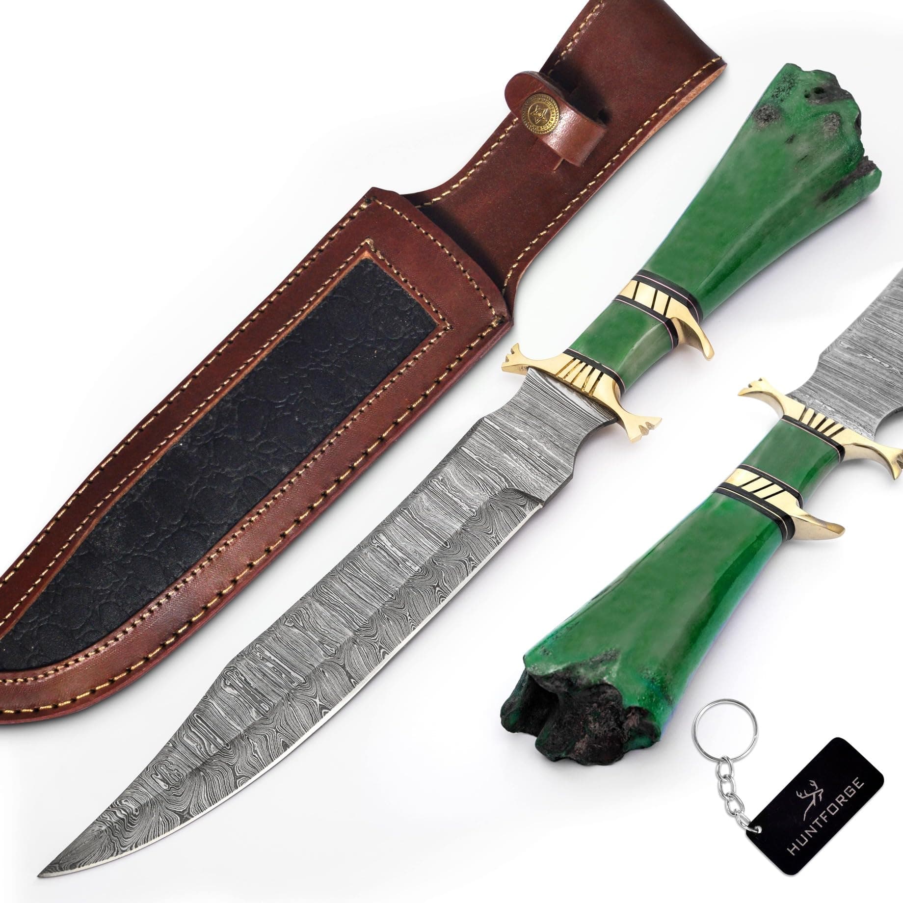 Bowie Knives 16" Handmade Hunting Knife with Leather Sheath,Hand Forged Damascus Steel Fixed Blade Bowie Knife,Camel bone handle firm grip (Green)