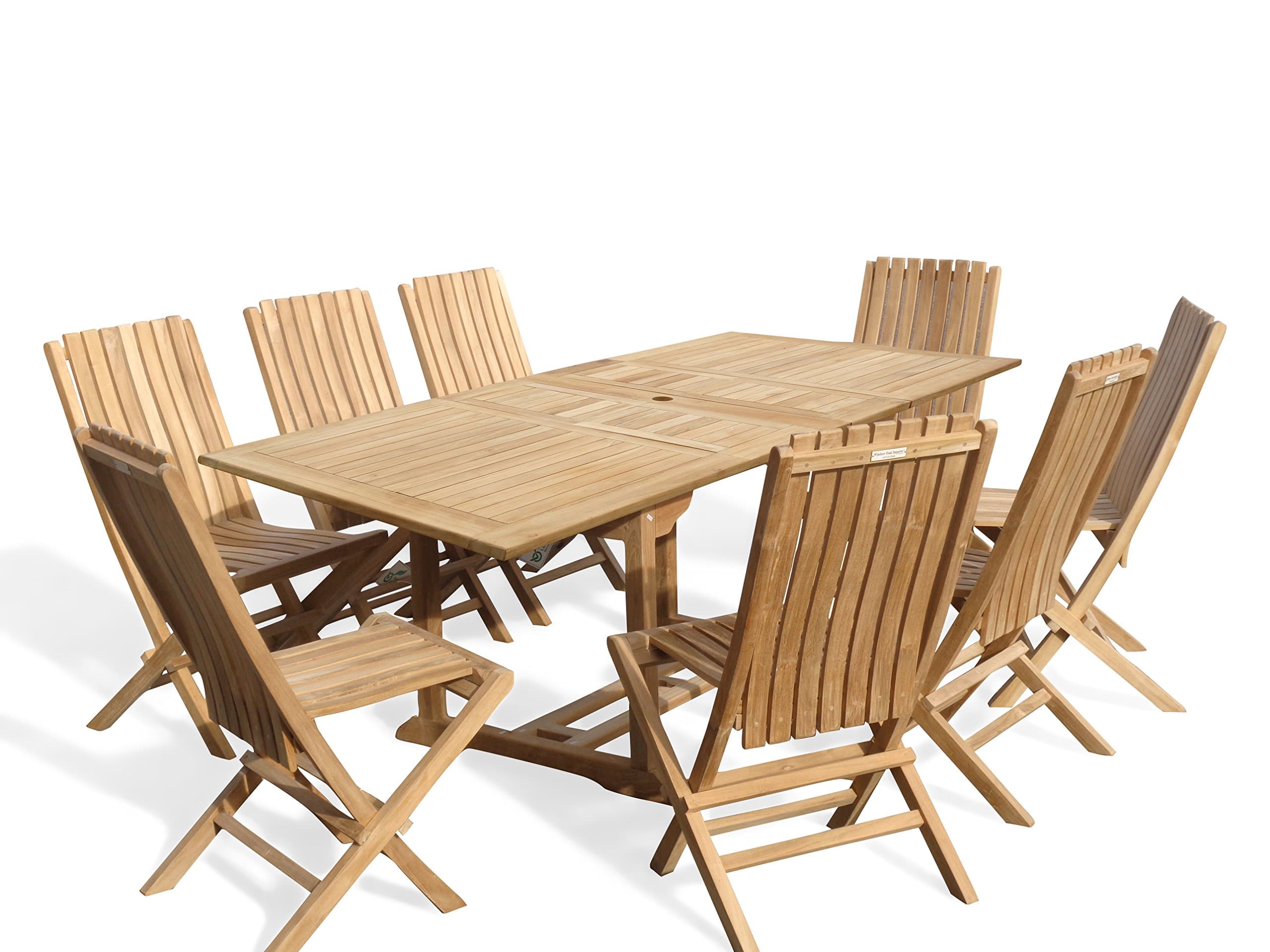 Windsor's Premium Grade A Teak Buckingham 82" x 39" Rectangular Double Leaf Extension Table w/ 8 Java Folding Chairs W Lumbar Support, 5 Yr Wrty,World's Best Outdoor Furniture! Teak Lasts A Lifetime!