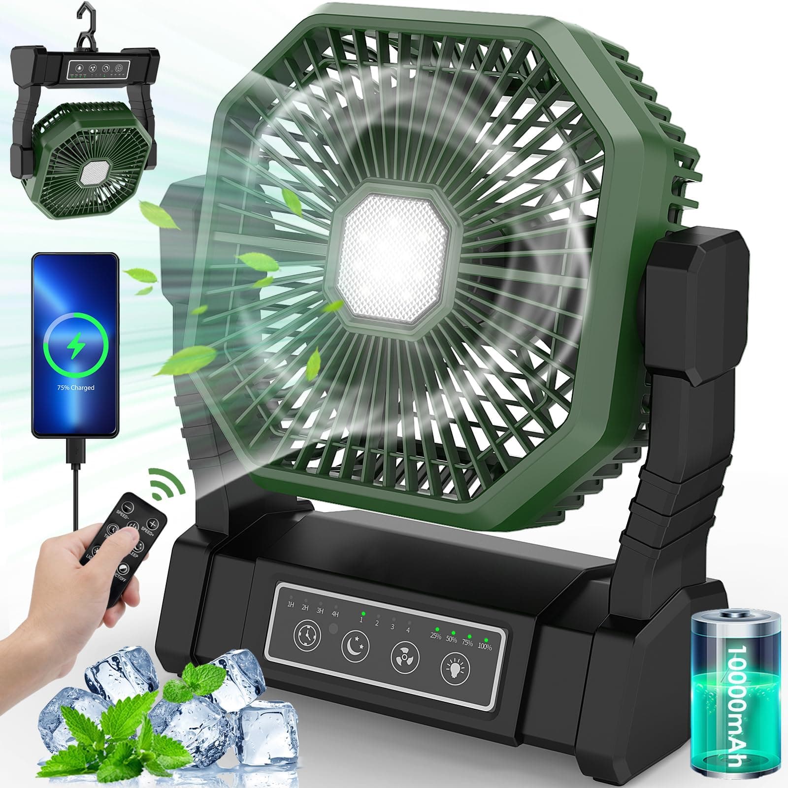 Camping Fan with LED Lantern, Upgraded Portable Rechargeable Outdoor Tent Fan with Light & Hook & Remote, 4 Speeds Powerful Cooling USB Desk Fan, Battery-powered fan for Fishing, Picnic (Green-black)