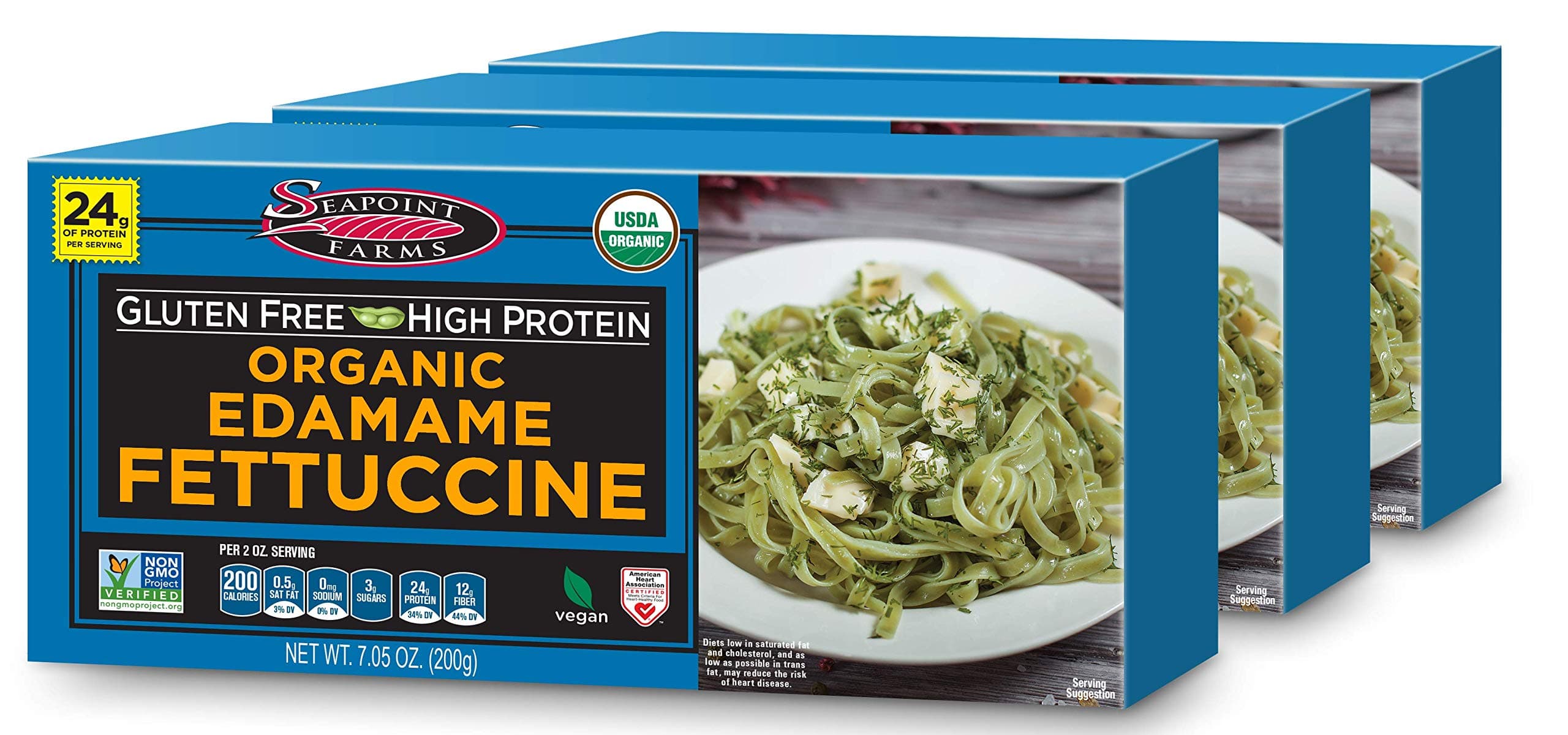 Seapoint Farms Organic Edamame Fettuccine Noodles, 24g High Protein, 1 Ingredient, Low Carb, Gluten Free, Vegan, Non-GMO, Kosher, Healthy Plant-Based Pasta for Quick Meals, 7.05 oz (Pack of 3)