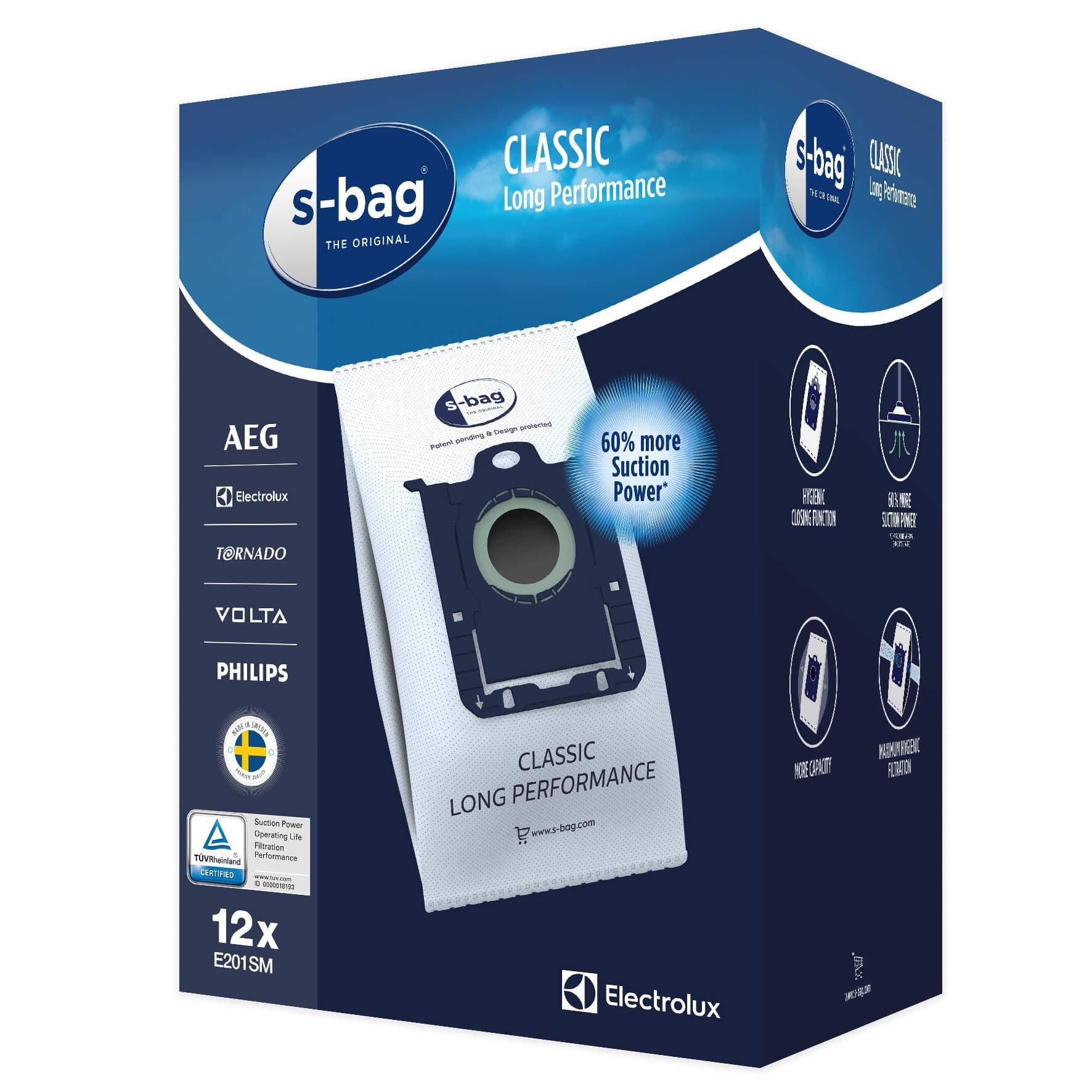 S-BAG CLAS E201SM LONG PERFORMANCE x12 POUR ASPIRATEUR ELECTROLUX - PHILIPS - AEG - VOLTA - TORNADO