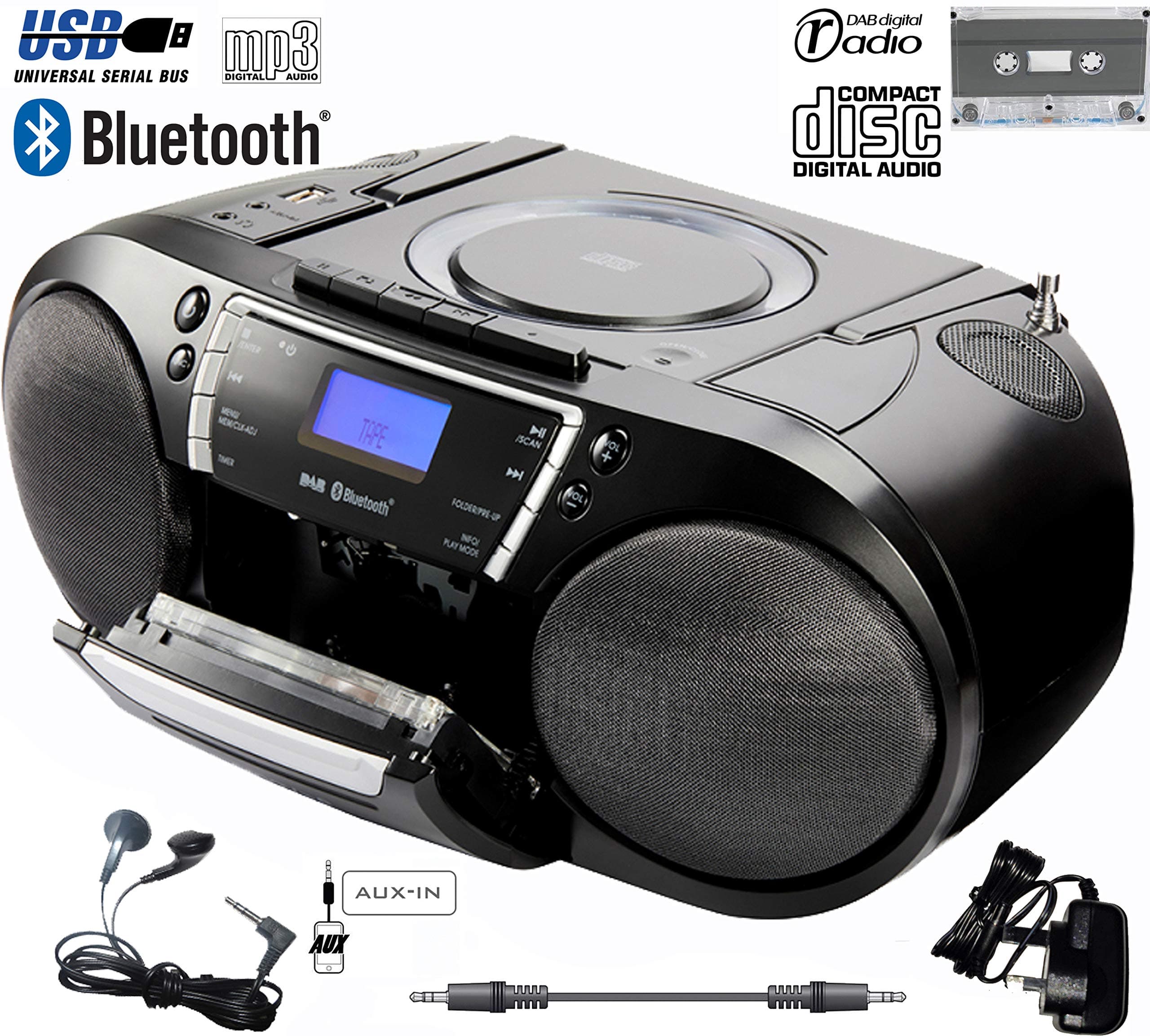 ULTIMATE Portable Stereo Boombox: DAB Radio, CD, Cassette Tape, USB, MP3, FM Radio, Bluetooth +Aux In Cable to Smart Phone/Tablet, Built in Speakers & Headphone Socket, Electric/Battery, Alarm Clock