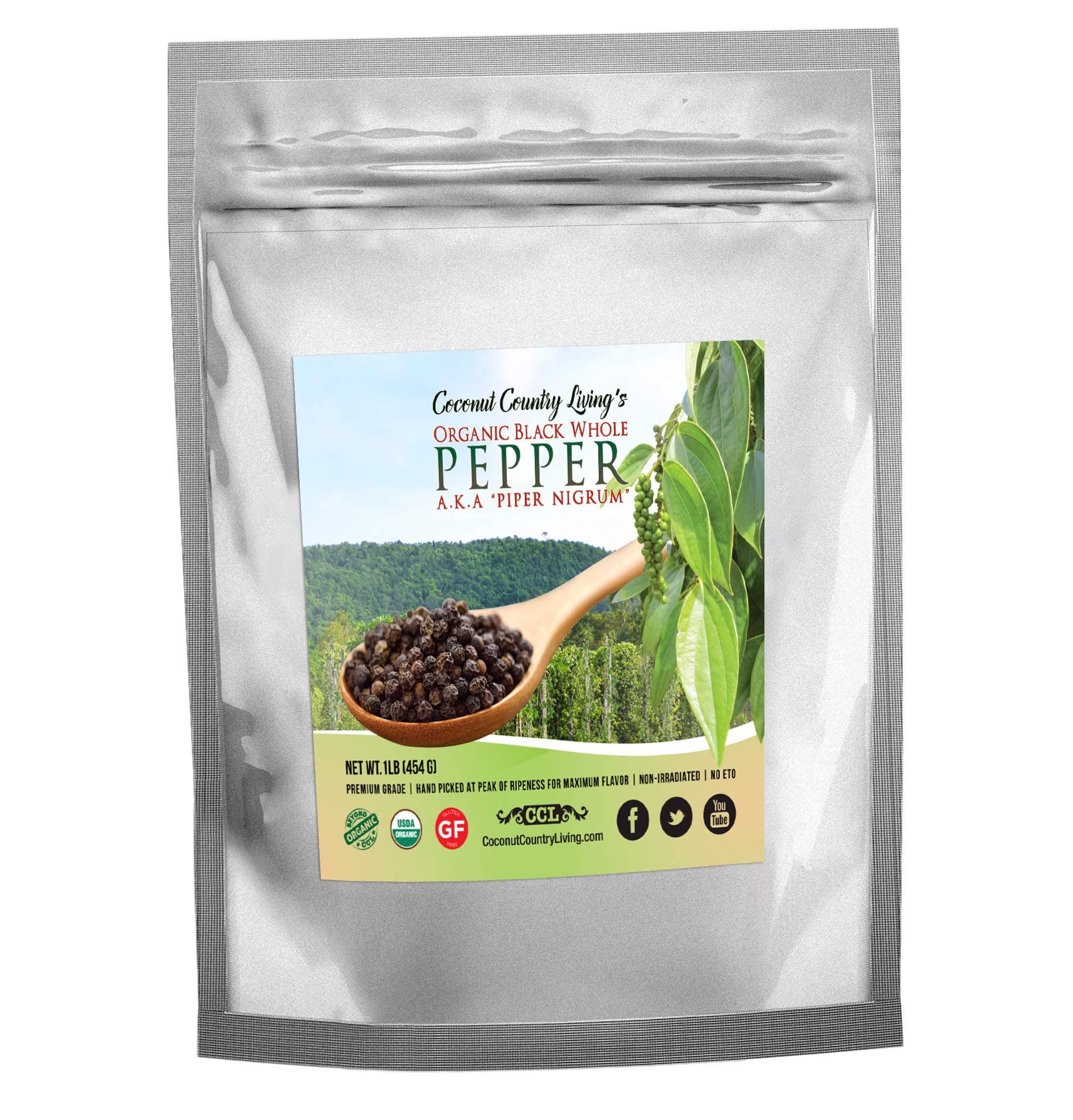 Coconut Country Living's Organic Whole Black Peppercorns - Fair Trade Premium Whole Black Pepper for Grinder Refill - Non-GMO, W/eBook - 16 oz / 1 lb