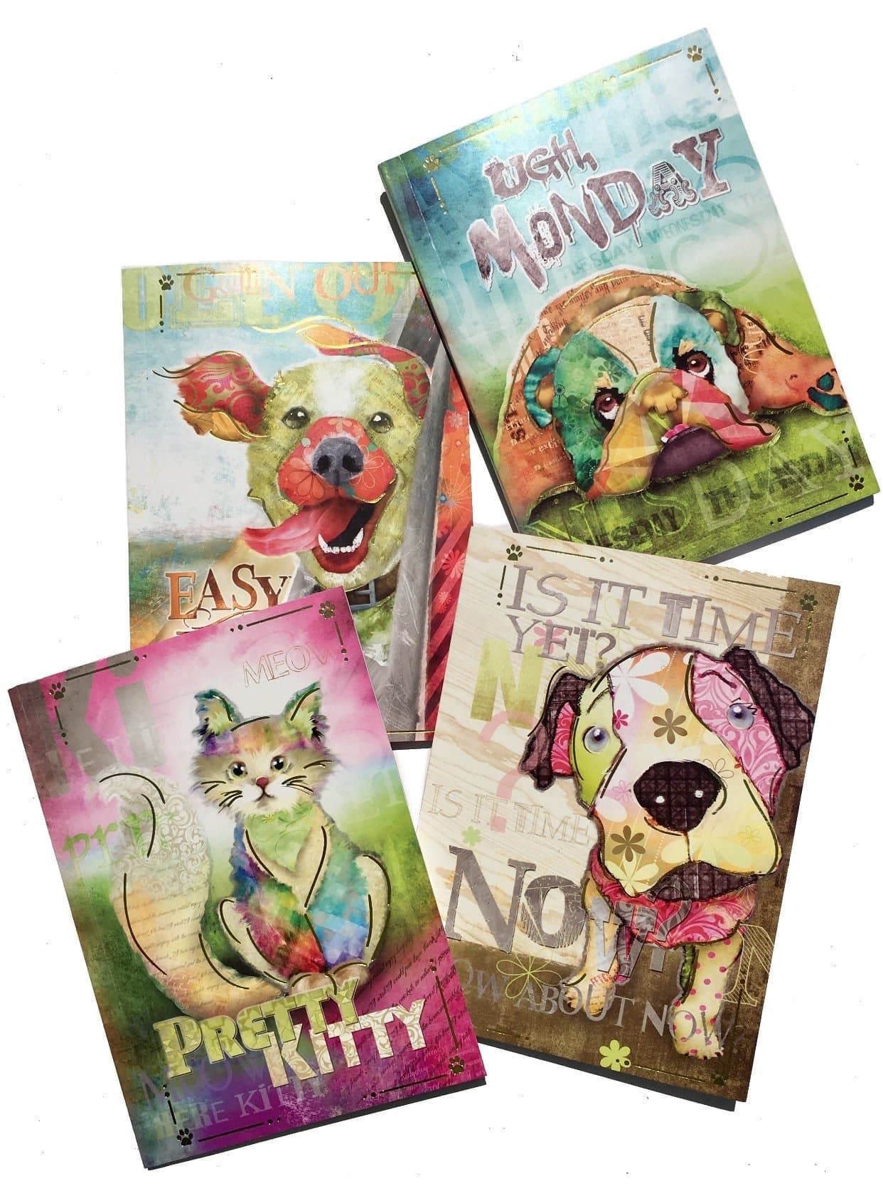Good Dog by Connie Haley Set of 4 Assorted Whimsical Soft Cover Gold Foil Journals, 3 Dogs 1 Kitty Cat