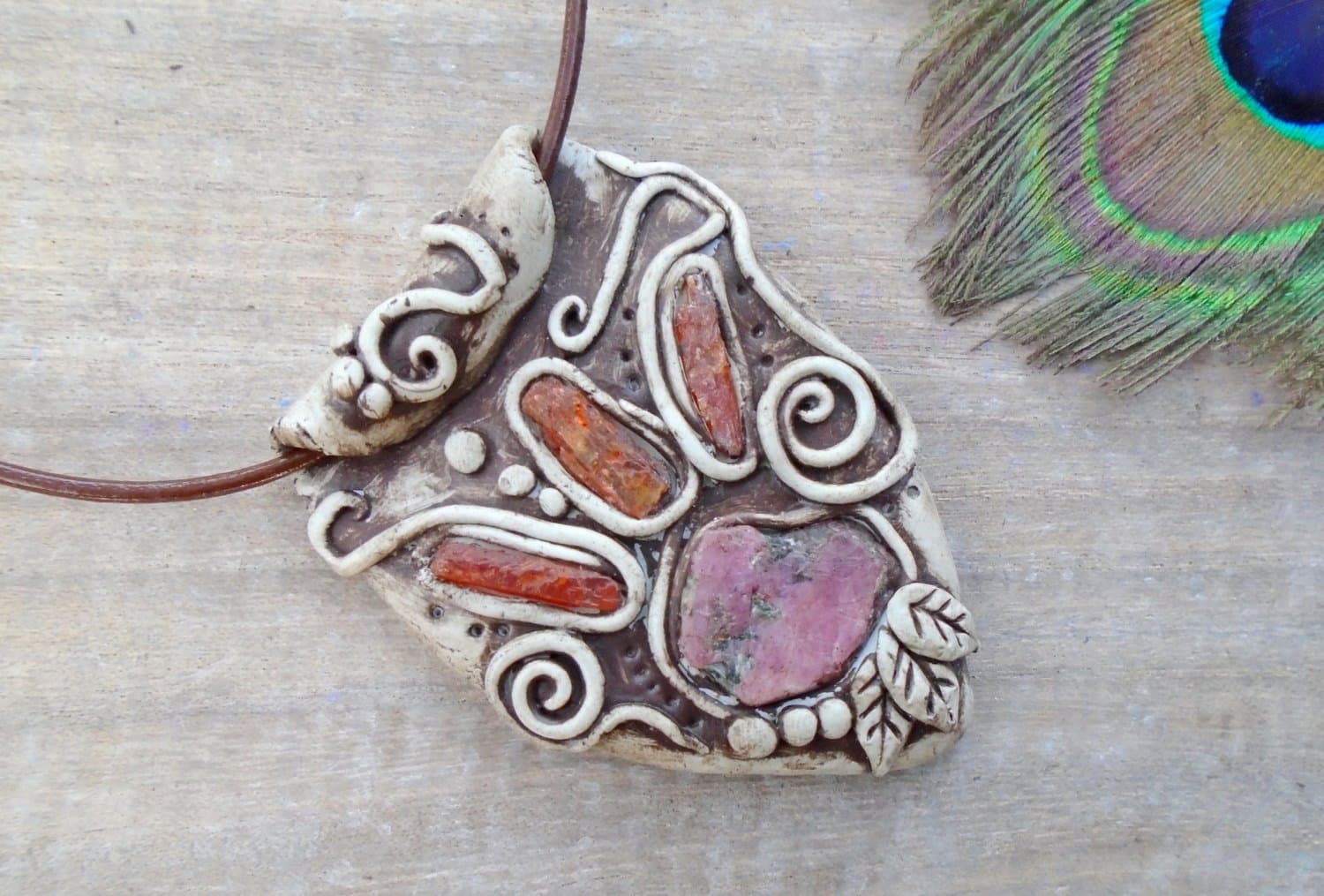 Ruby Orange Kyanite Necklace Gemstone Clay Pendant Boho Gypsy Earthy Elven Woodland Reiki Crystals Hippie Fairy