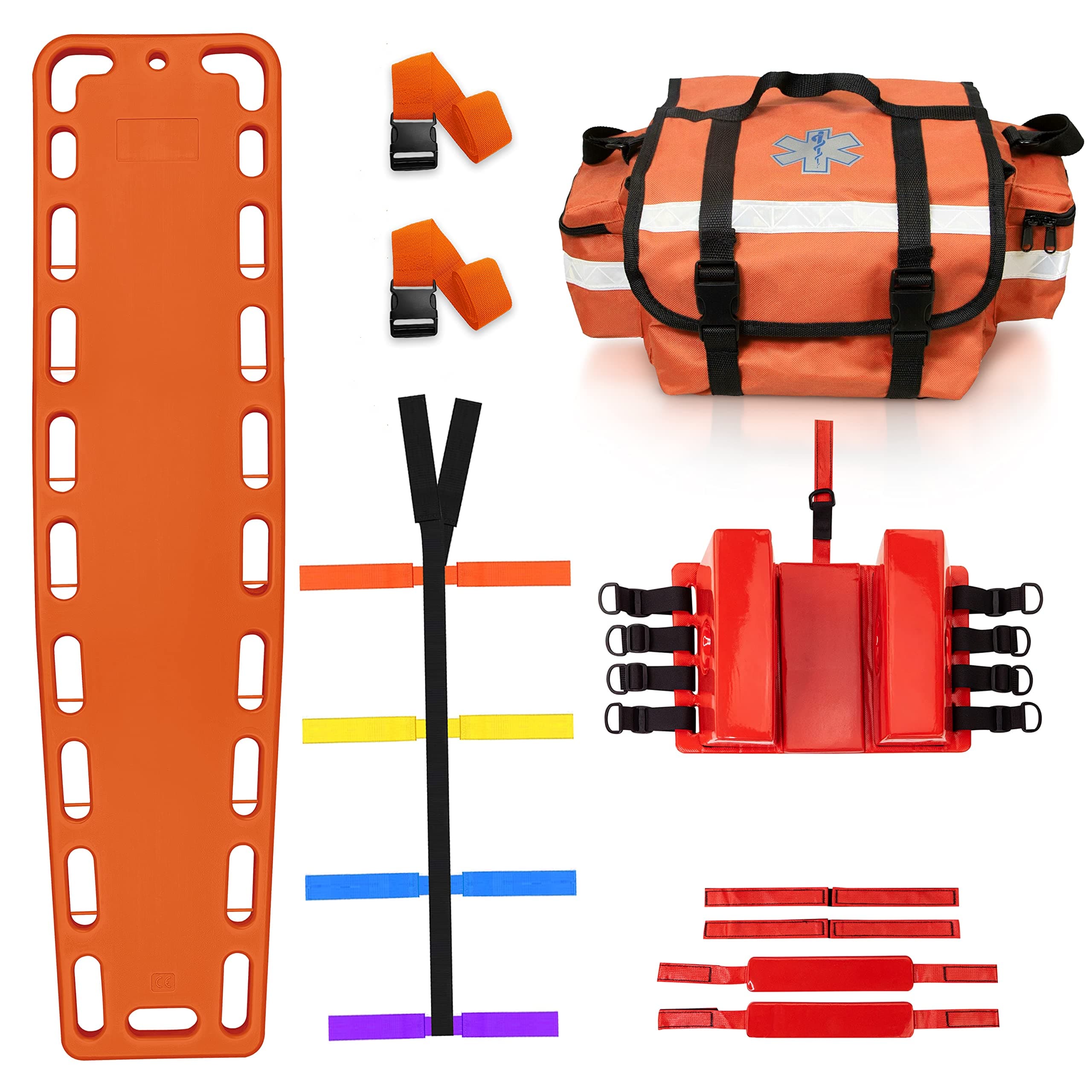 SURGICAL ONLINE First Responder EMT Backboard Spine Board Stretcher Immobilization with Head Bed and Spider Straps - Gift EMT Trauma Bag … (Orange)