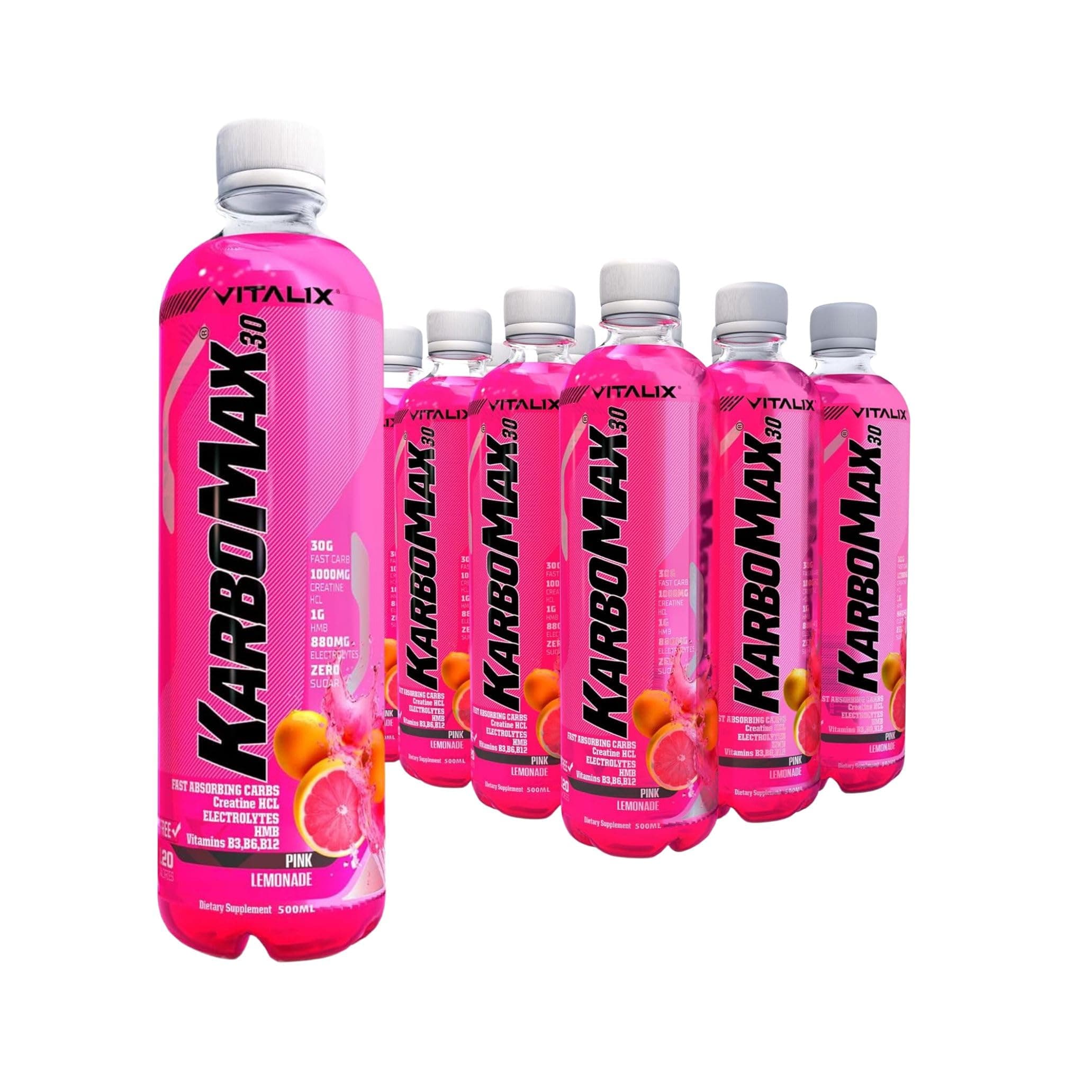 Vitalix KarboMax 30 - Pink Lemonade Weight Gain Drink - Fast Carb with 30g Carbs, 1000mg HCL Creatine, 1g HMB, 880mg Electrolytes, Vitamins B, Zero Sugar, 500ml - Pack of 12