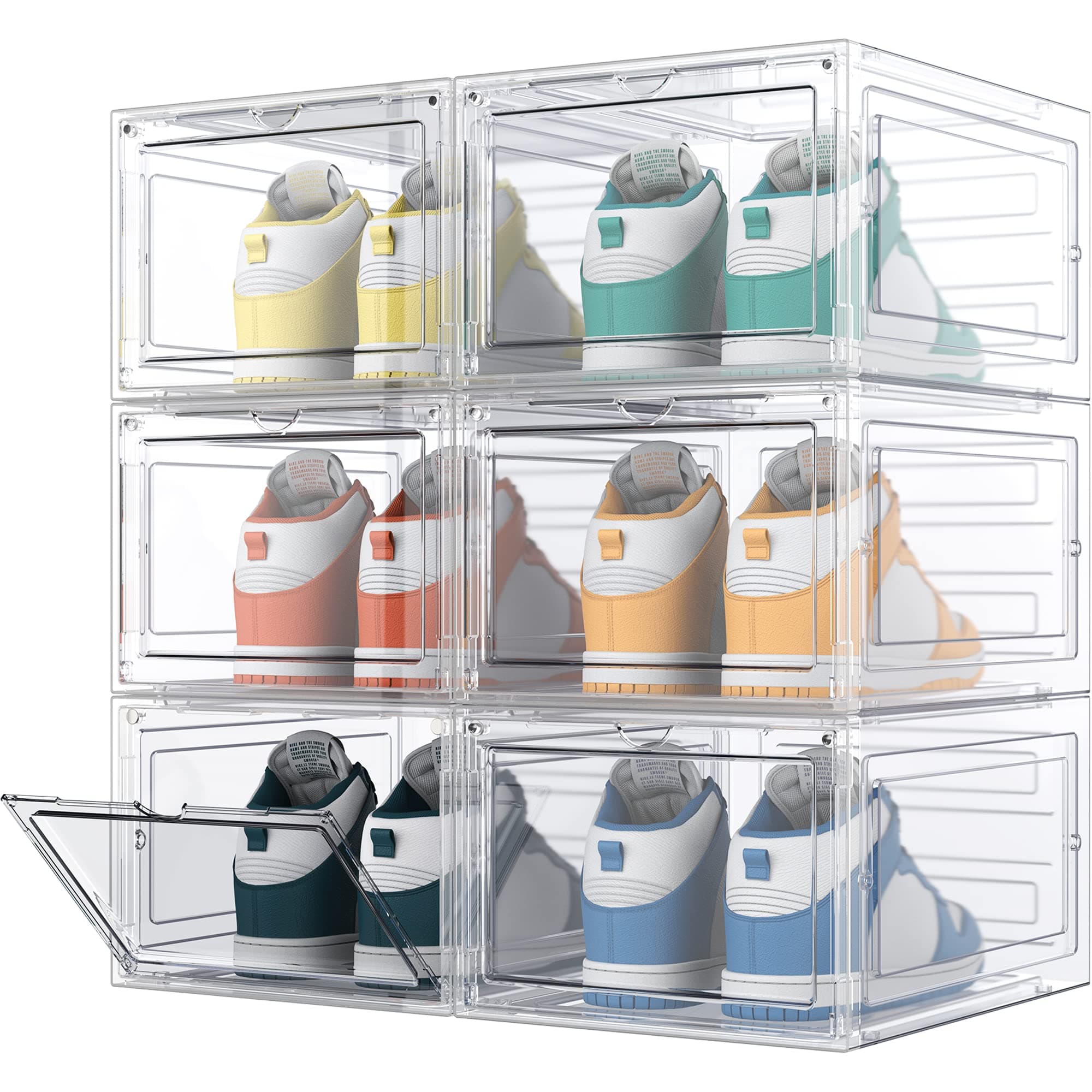 HOMIDEC 6 pcs Shoe Boxes, Shoe Storage Box Clear Plastic Stackable, Shoe Organizer Containers with Lids for Women/Men 34.5 x 27 x 19 cm