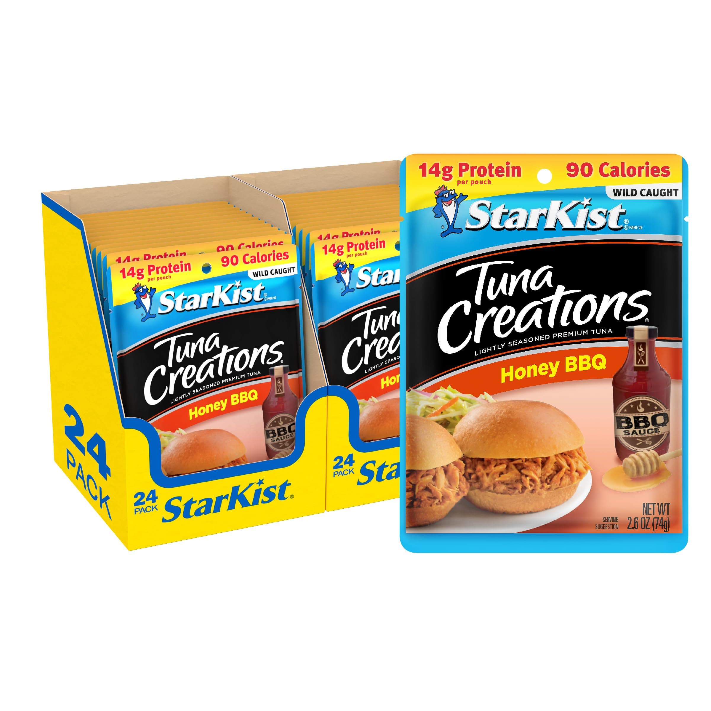 StarKist Tuna Creations Honey BBQ, 2.6 oz Pouch (24 Pack) Ready to Eat Wild Caught Tuna, 14g Protein, 90 Calories Per Serving, Gluten Free, Soy Free, Kosher, Perfect for Salads, Meals and Snacks