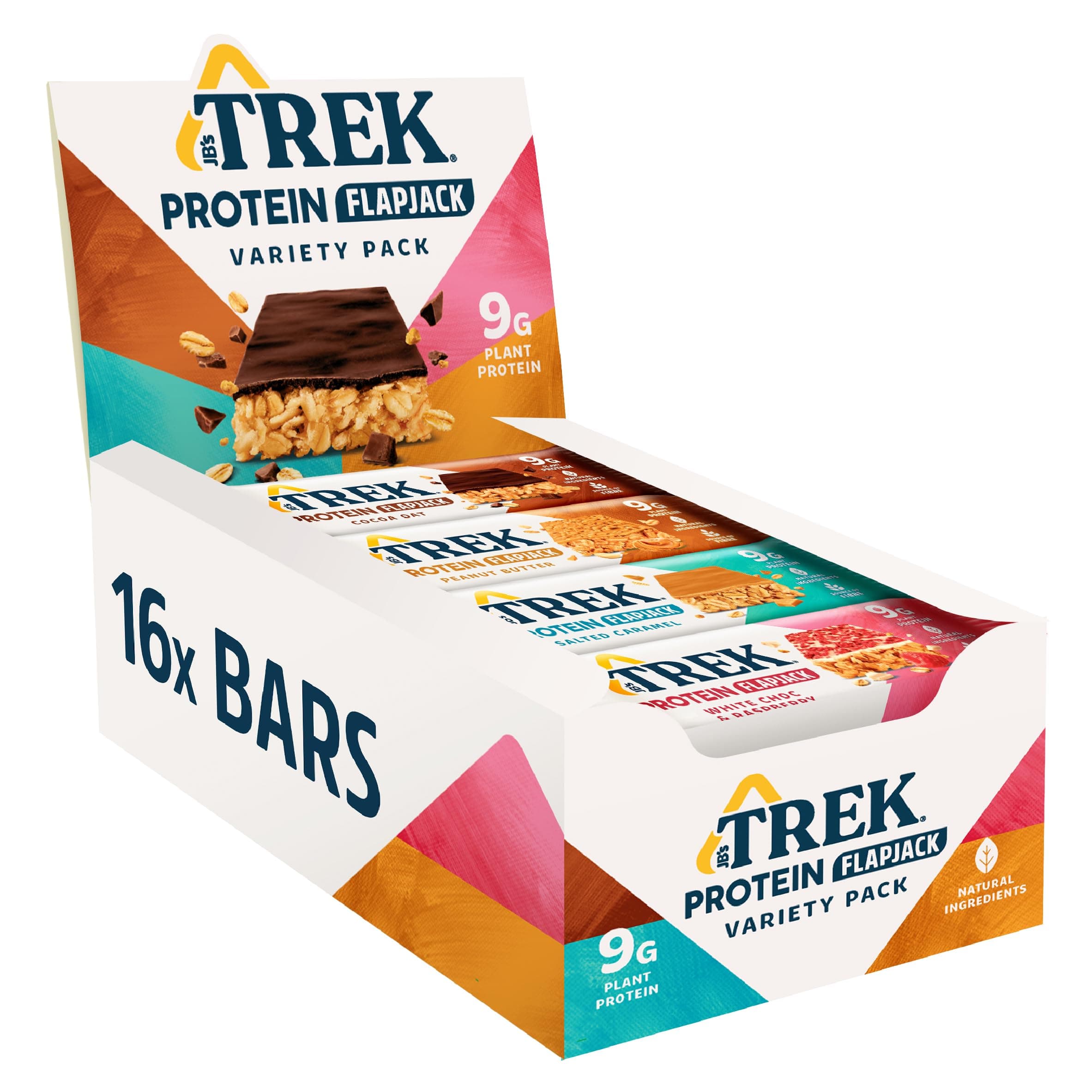 JB's TREK High Protein Flapjack Variety Pack - Gluten Free - Plant Based - Vegan Snack - 50 g x 16 bars