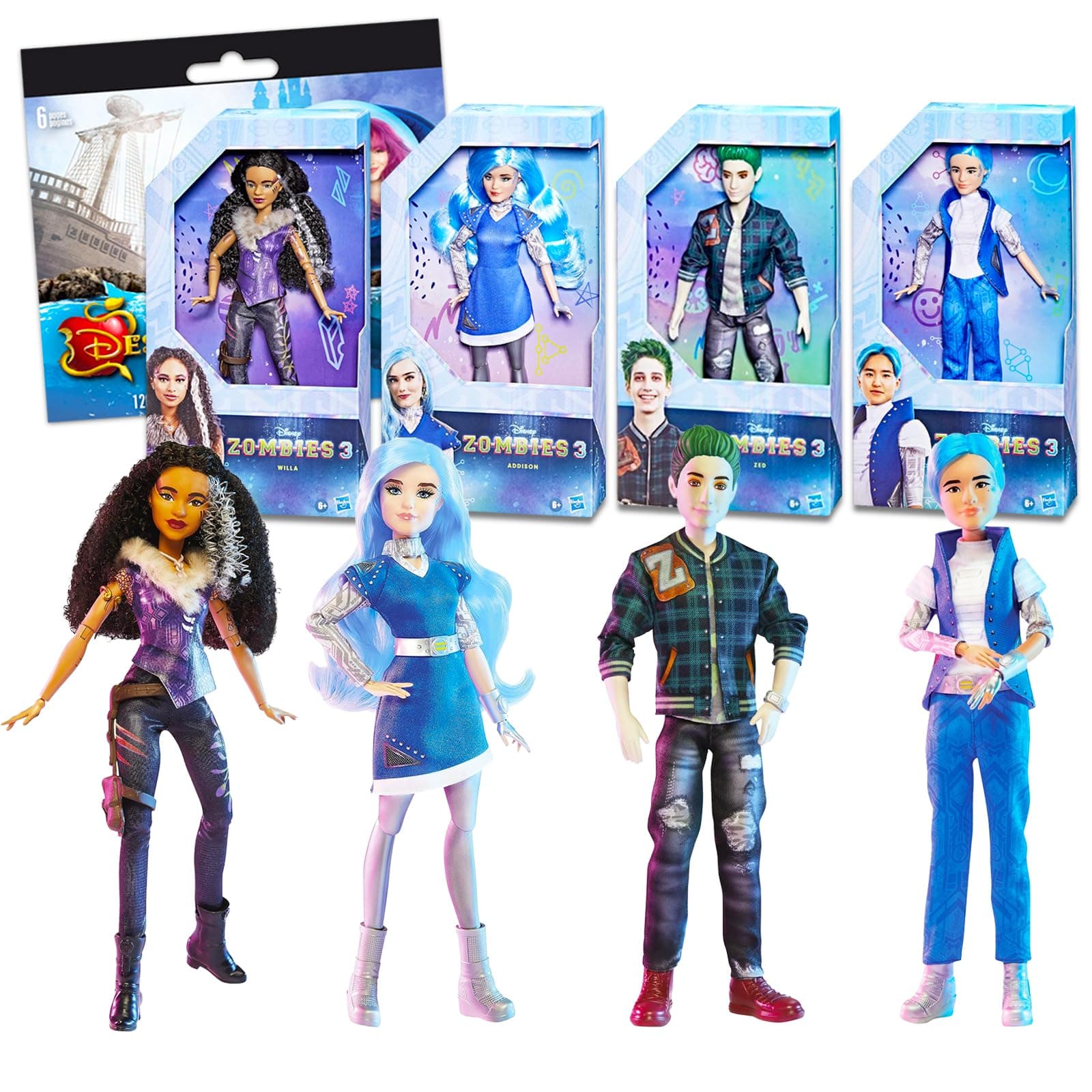 Zombies Dolls Set - Bundle with 4 Disney Zombies 3 Dolls Featuring Zed, Addison, A-spen, and Willa Plus Stickers | Disney Zombies Toys