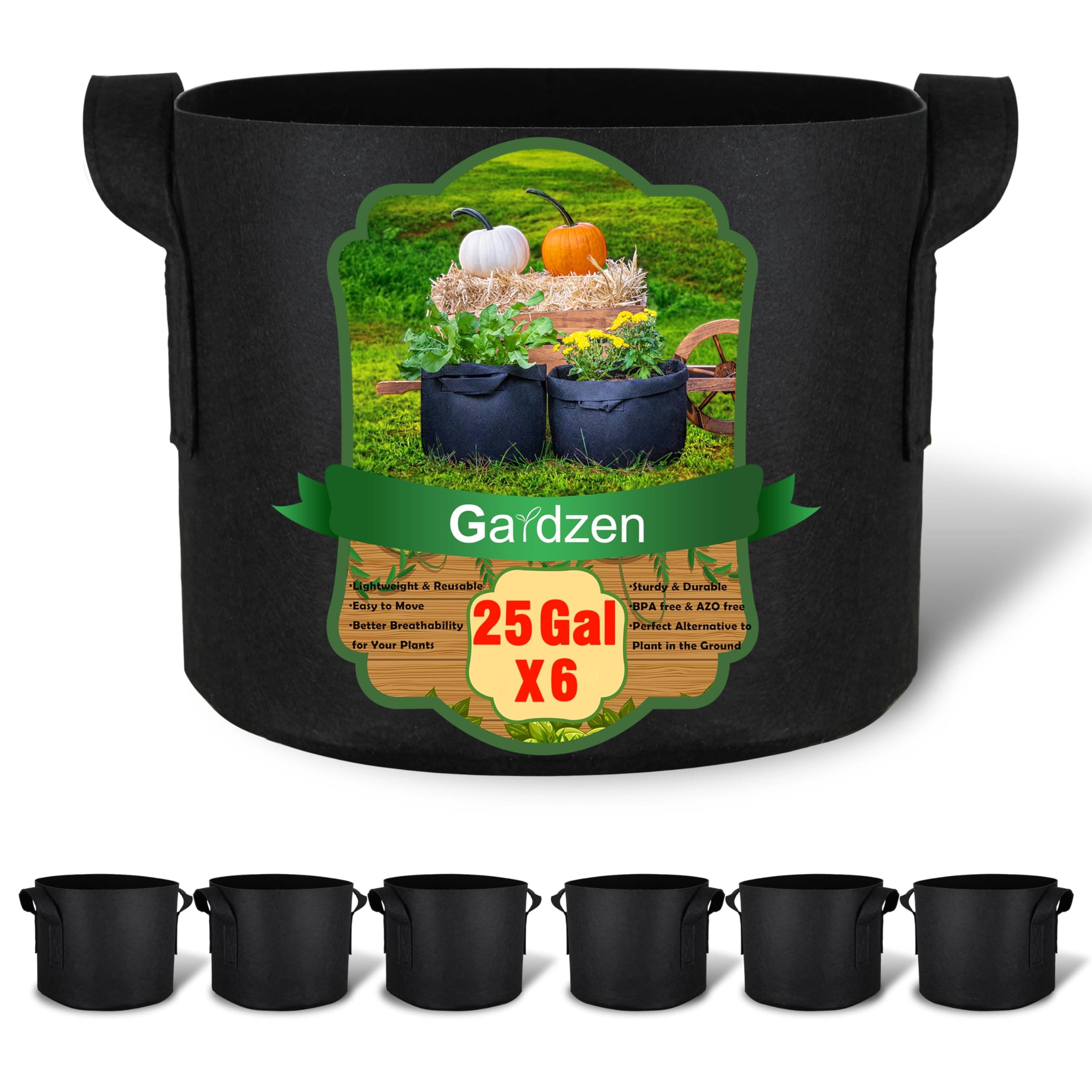 6-Pack 25 Gallon Grow Bags, Aeration Fabric Pots with Handles, Heavy Duty Cloth Pots for Plants