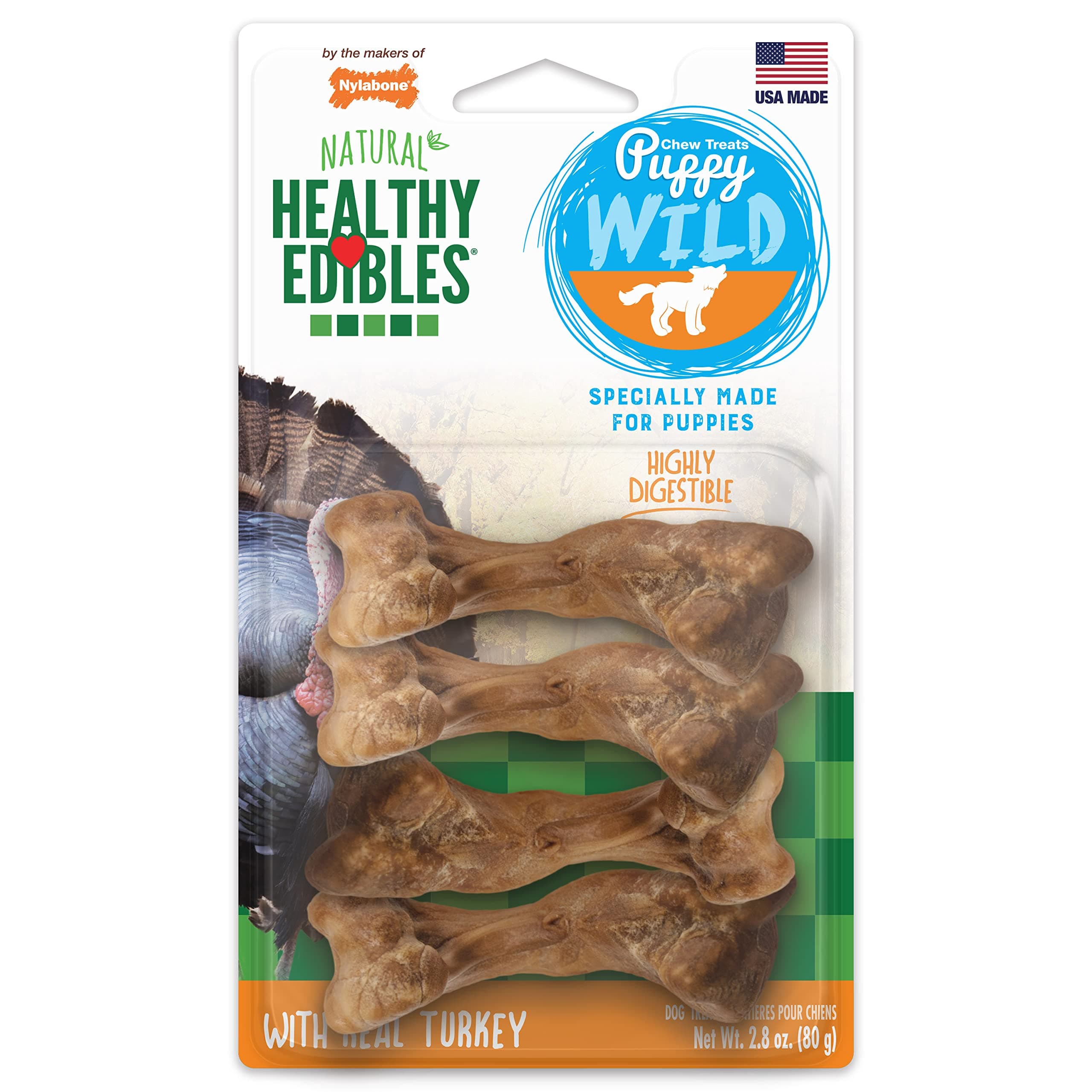 Nylabone Healthy Edibles WILD Natural Long-Lasting Turkey Flavor Bone Chew Treats for Dogs, Small/Regular (4 Count)