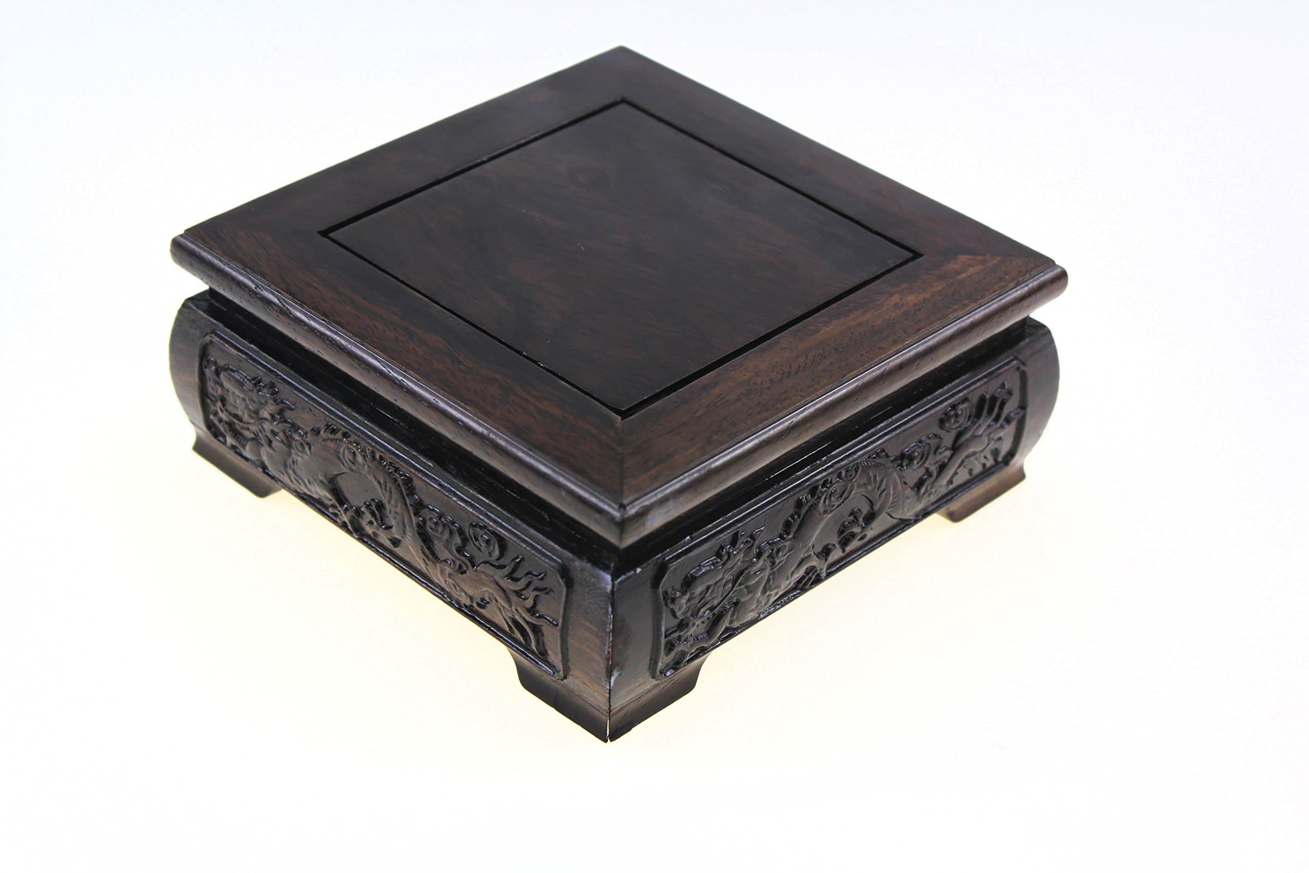 Oriental Furniture Chinese Rosewood Solid Mahagony Wood Display Stand Wooden Base Square Shape Pedestal with Dragon Design Carved (S 9.5cm * 9.5cm * 6.5cm)