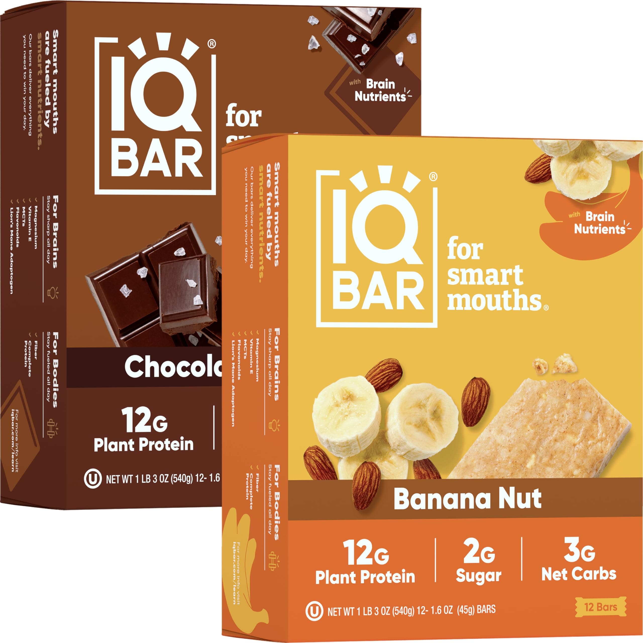 Clean Plant Protein Bars - Chocolate Sea Salt + Banana Nut 12 Count Bundle - Keto, Vegan, High Fiber, Gluten and Dairy Free, Low Sugar Snack - Brain and Body Nutrients for Focus, Energy