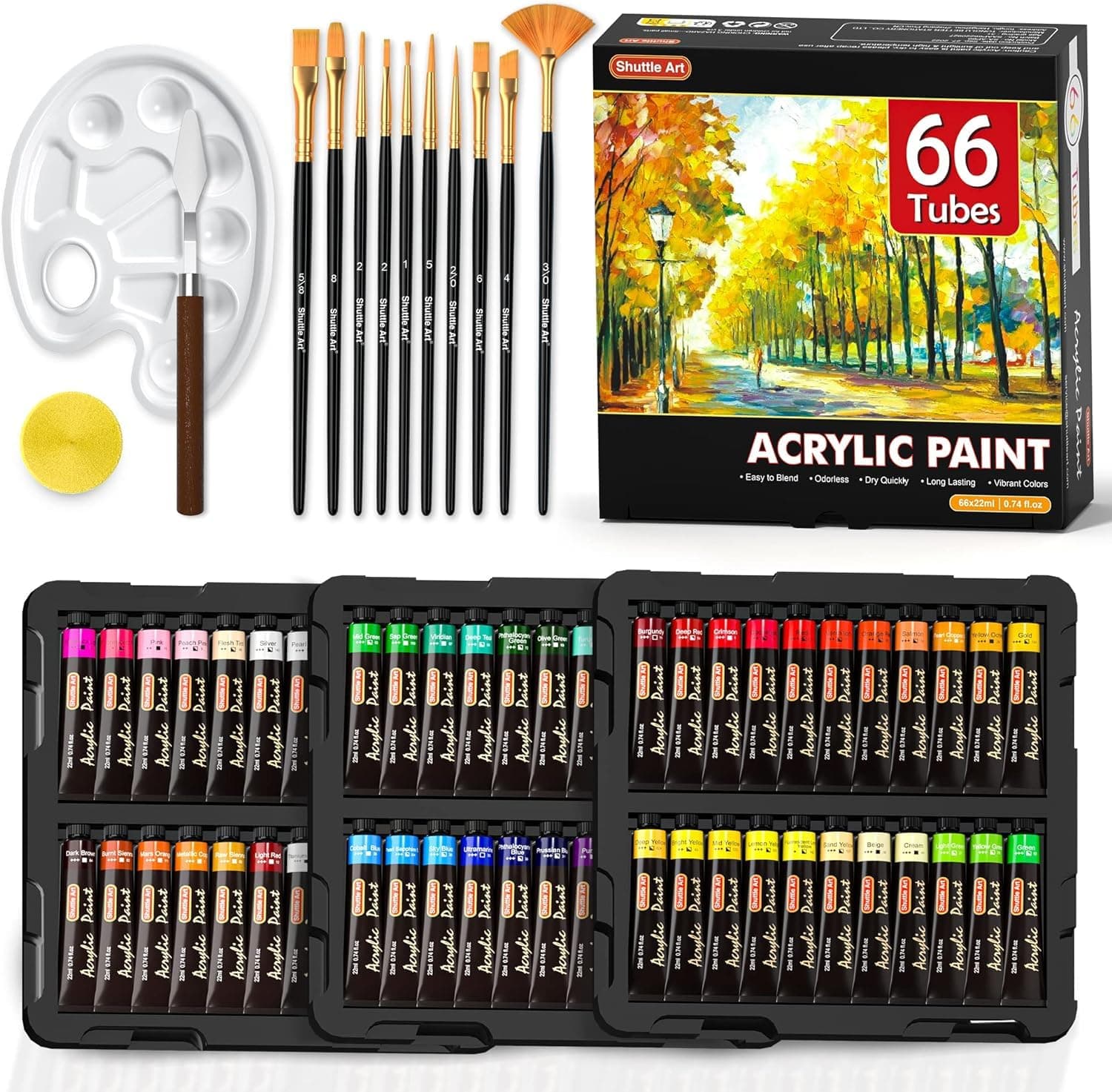 Shuttle Art 82 Pack Acrylic Paints Set, 66 Colours (22ml/0.74oz Each) Acrylic Paint with 10 Brushes,Canvas, Knife, Palette, Art Set for Adults,Beginners, Painting Set on Canvas, Wood Ceramic