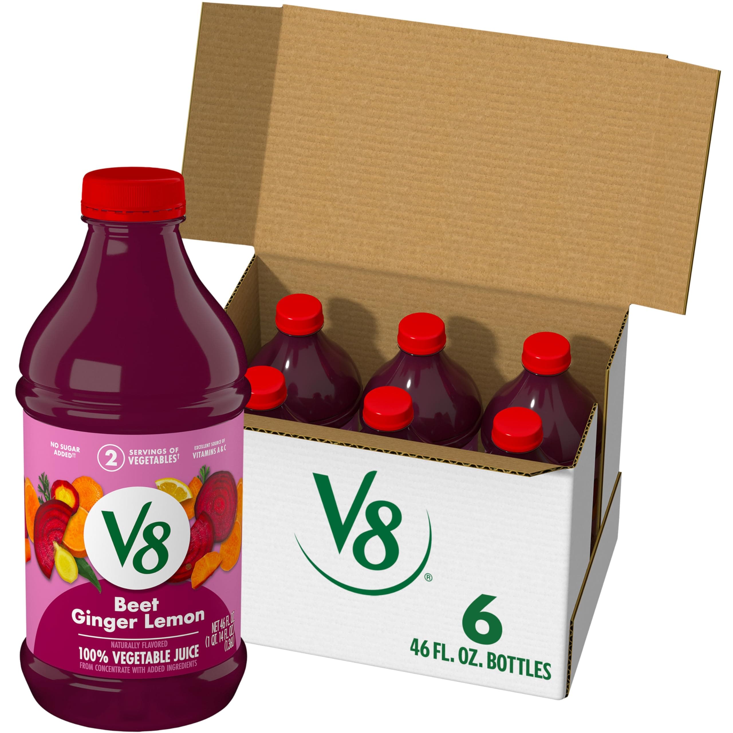 Beet Ginger Lemon 100% Vegetable Juice, Naturally Flavored Vegetable Juice From Concentrate, 46 FL OZ Bottle (Pack of 6)