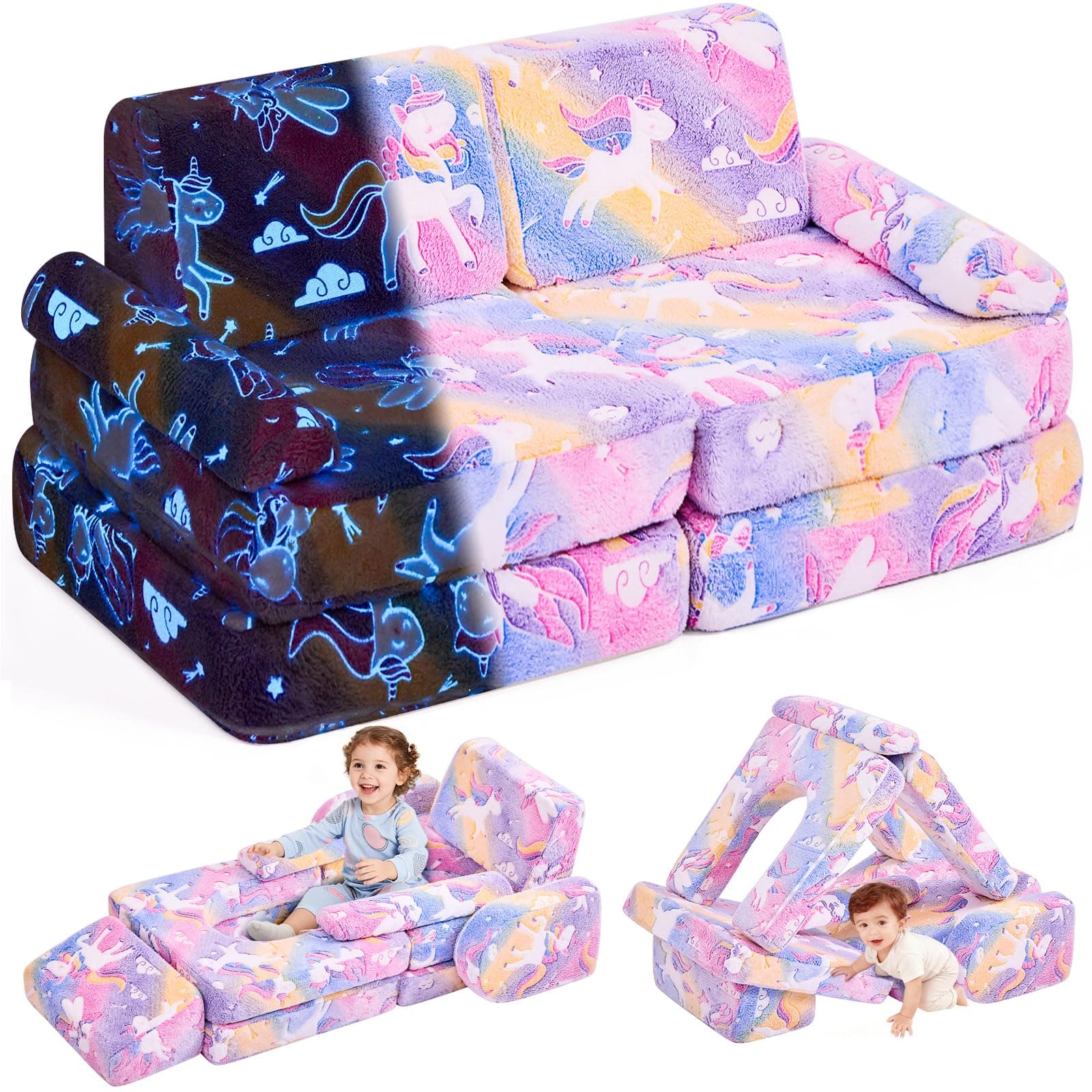IFNOW Modular Kids Play Couch,Toddler Couch Kids Sofa,Child Sectional Sofa,Bedroom and Playroom Furniture for Toddlers,Convertible Foam and Floor Cushion for Boys and Girls,Glow in The Dark,Unicorn