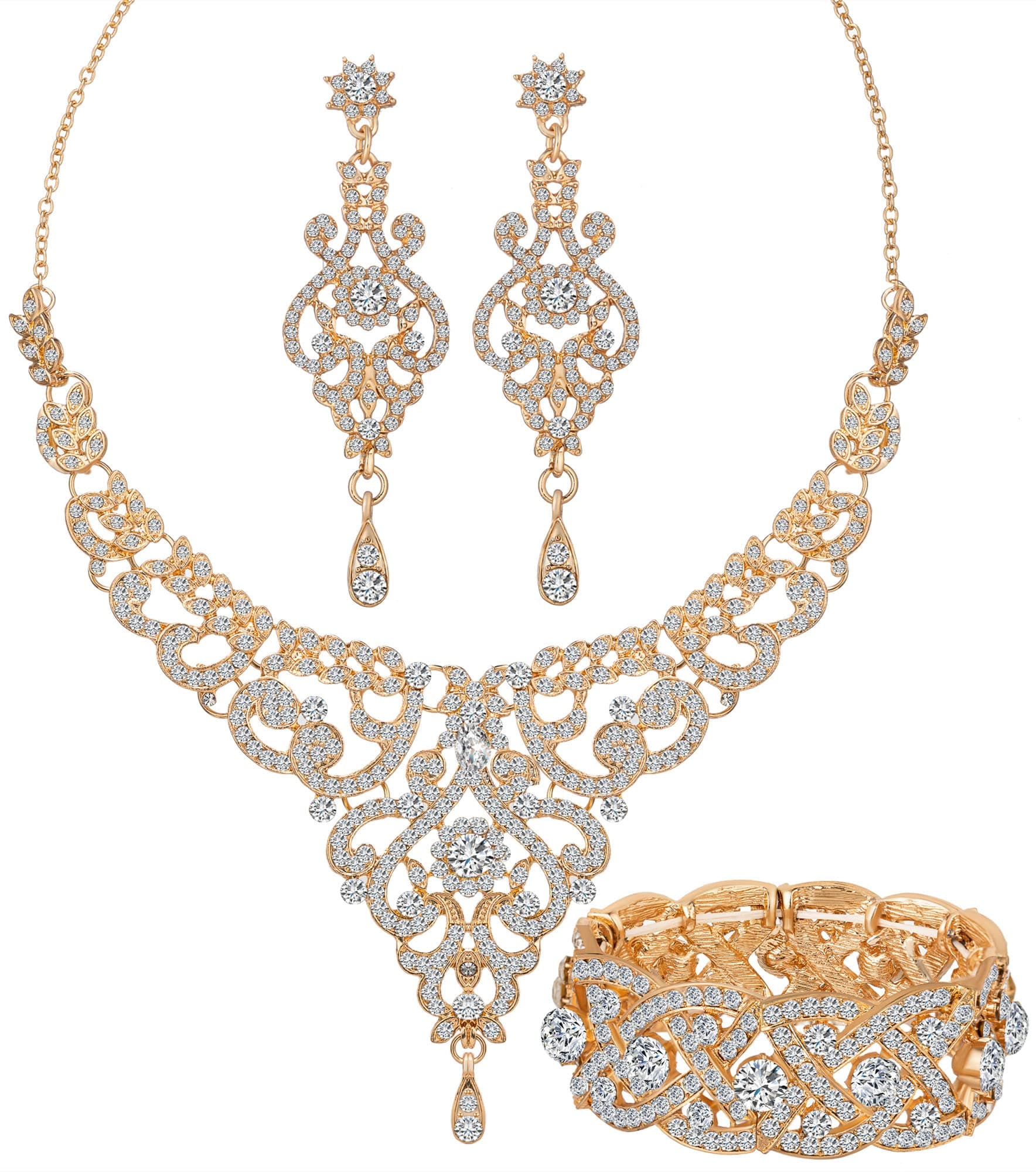 Silver Gold Plated Wedding Jewelry Sets Bridal Necklace Rhinestone Earrings Bracelets