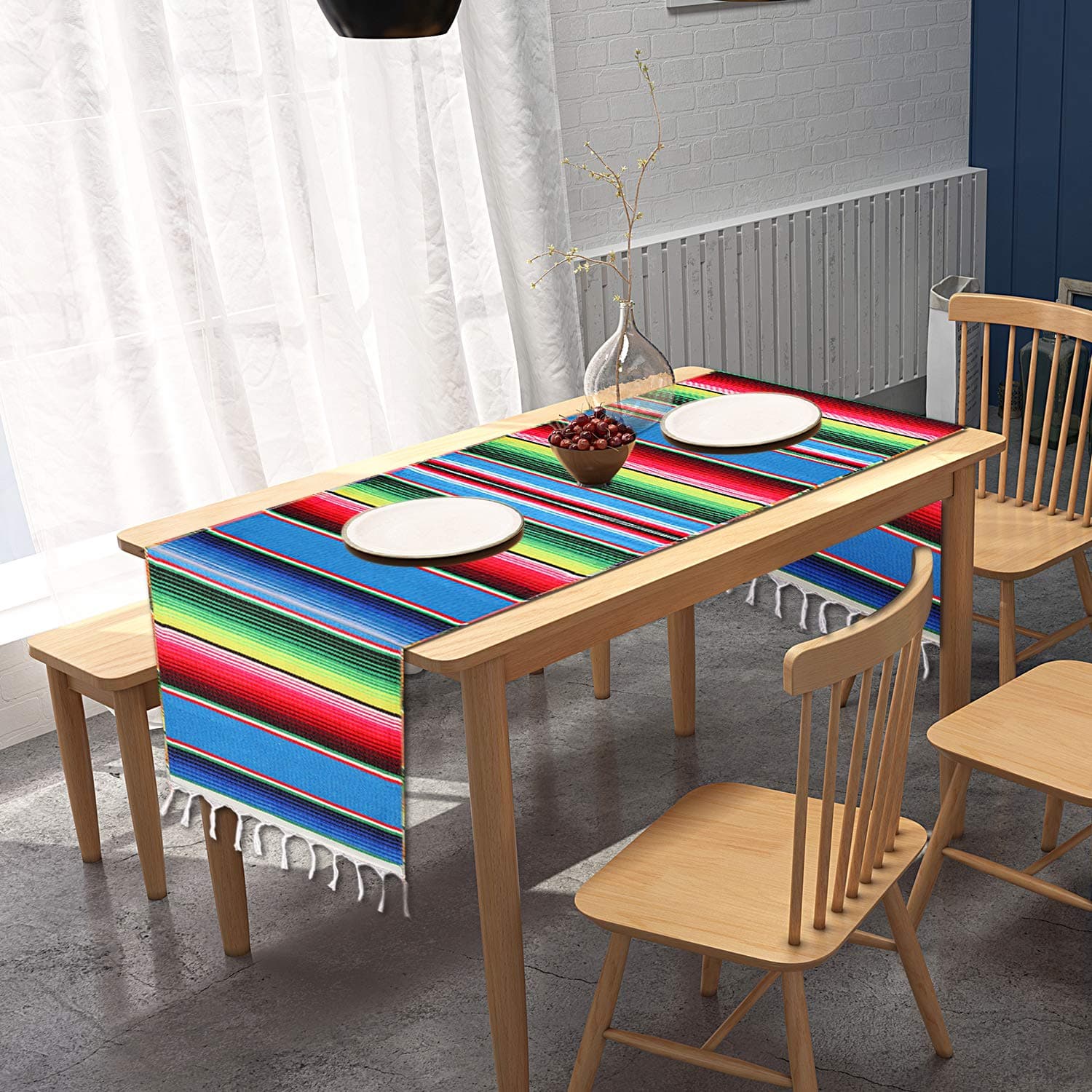Mexican Serape Table Runner 14 x 84 inch for Mexican Party Wedding Decorations, Fringe Cotton Blanket Table Runner