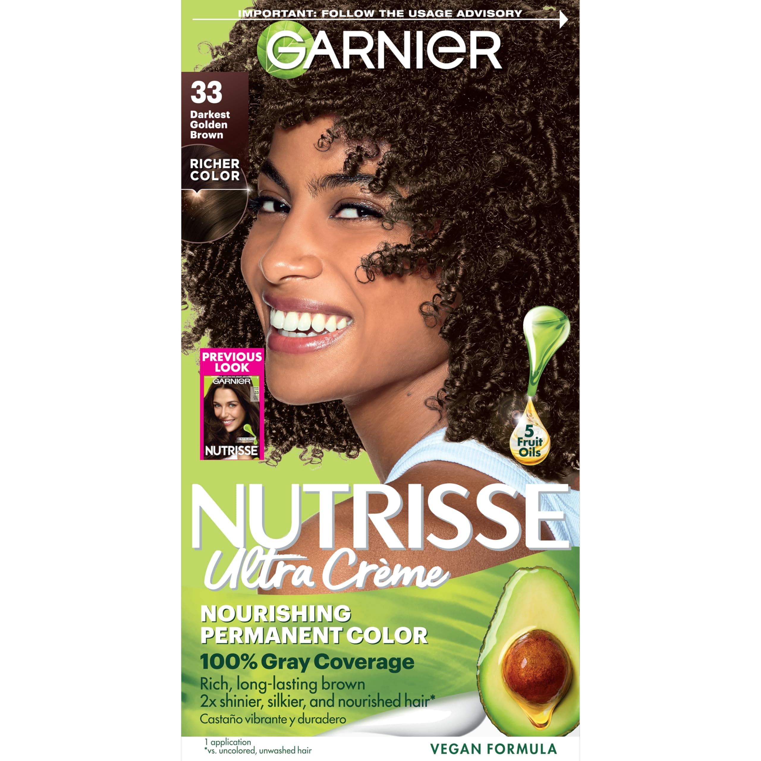 Garnier Nutrisse Ultra Crème Hair Color, Permanent Hair Dye with 100% Gray Coverage, Vegan & Cruelty-Free, 33 Darkest Golden Brown (Caramel Fudge), 1 Count