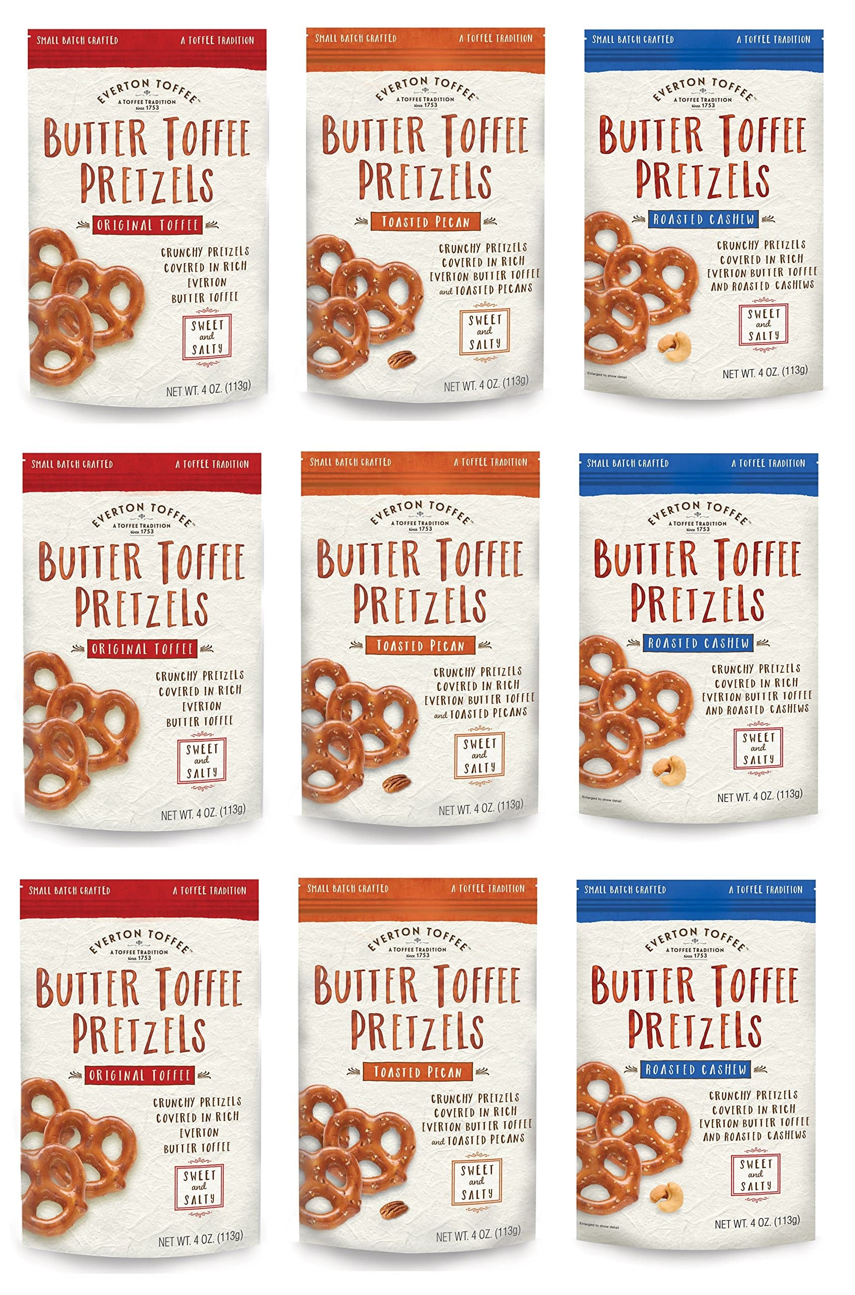 Everton Toffee Butter Toffee Pretzels, Variety Pack (4 oz. bag, 9-pack). Gourmet Artisan Toffee Covered Pretzels, Sweet and Salty Mini Pretzel Snacks, Small Batch Crafted