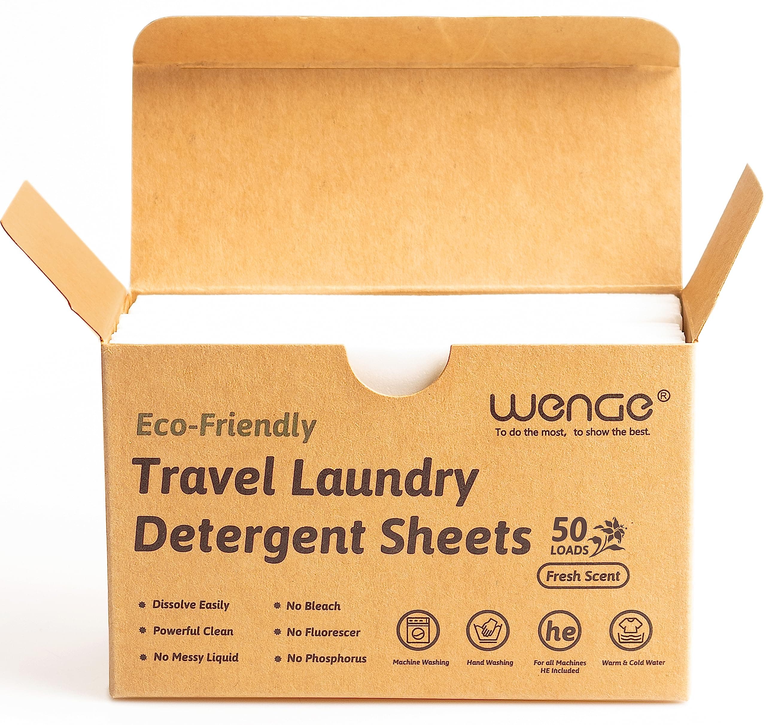 Wenge Travel Laundry Sheets Detergent Eco Friendly - Clear Plastic-Free - Biodegradable Hypoallergenic Liquid Less Washing Sheets for Home Dorm Travel Camping, Hand Washing Clean No Mess Fresh Scent