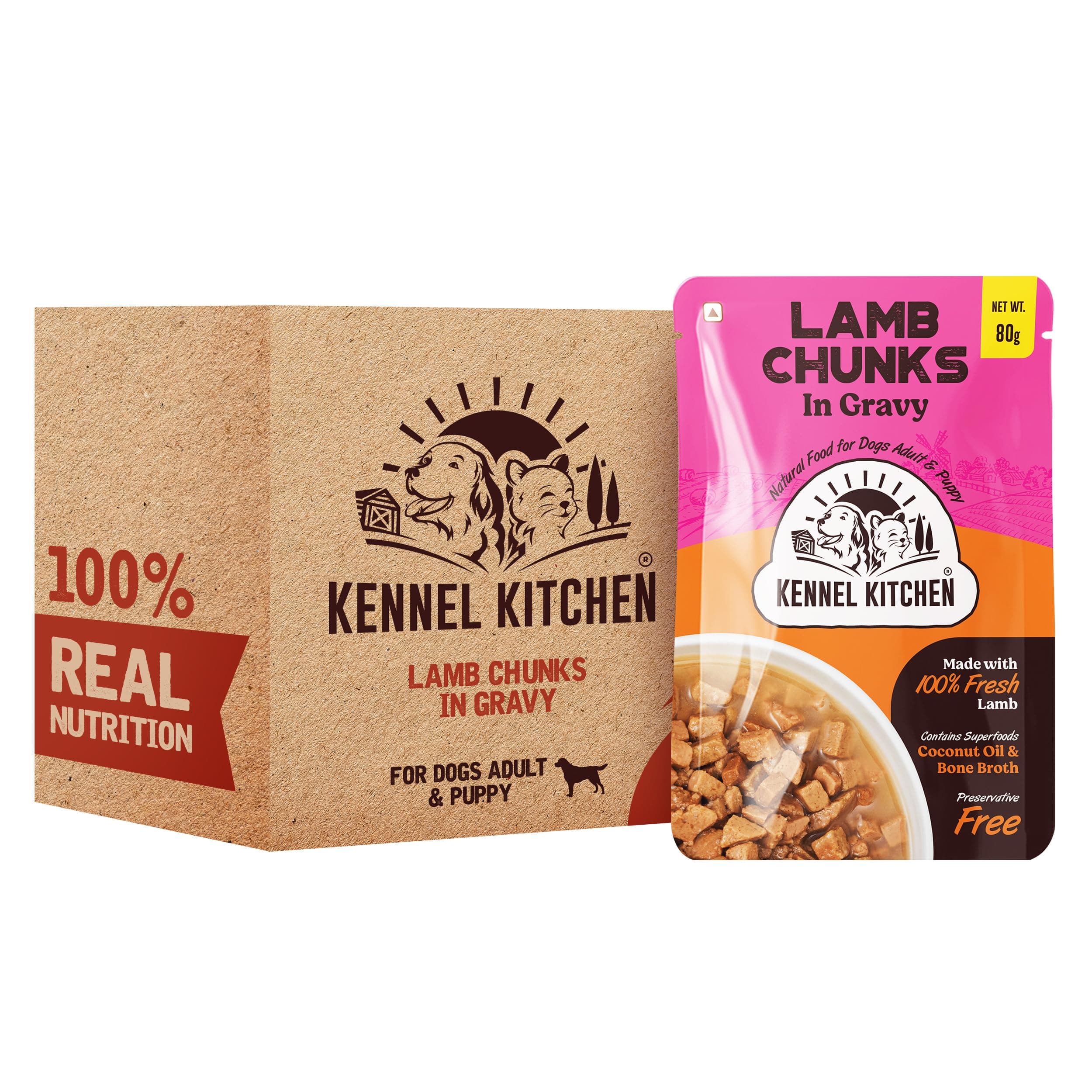 Lamb Chunks in Gravy, 80g (Pack of 24) | Wet Dog Food for Adult & Puppy | Dog Food Gravy with Regionally Sourced Fresh Lamb | Free from Artificial Colours & Preservatives