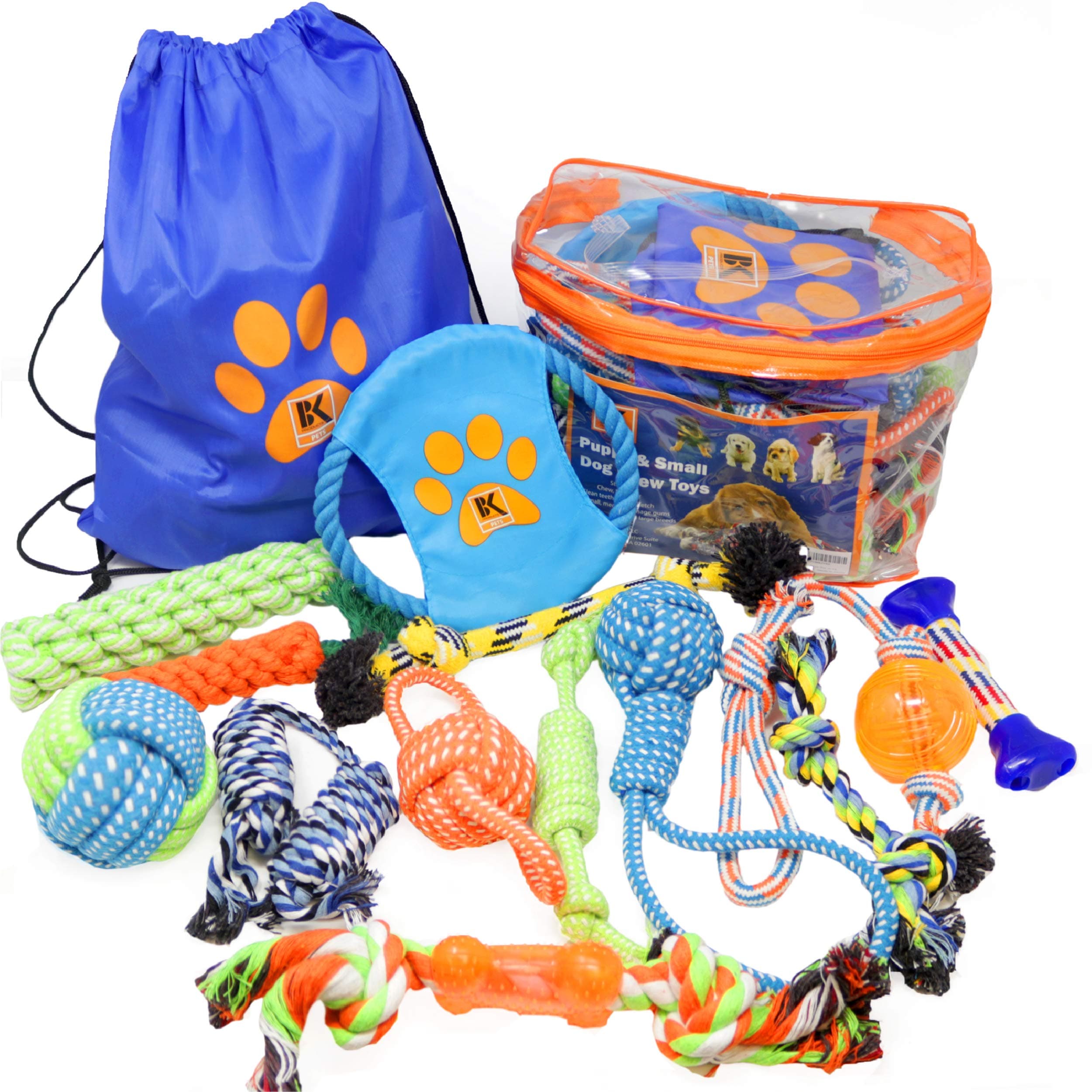 Puppy Toys, Box of 13 Puppy Dog Rope Chew Toys Designed for Playtime, Made for Chewing, Teething, and Calming Anxiety in New Puppies and Small Dogs, Bundle Includes a BONUS Storage Bag