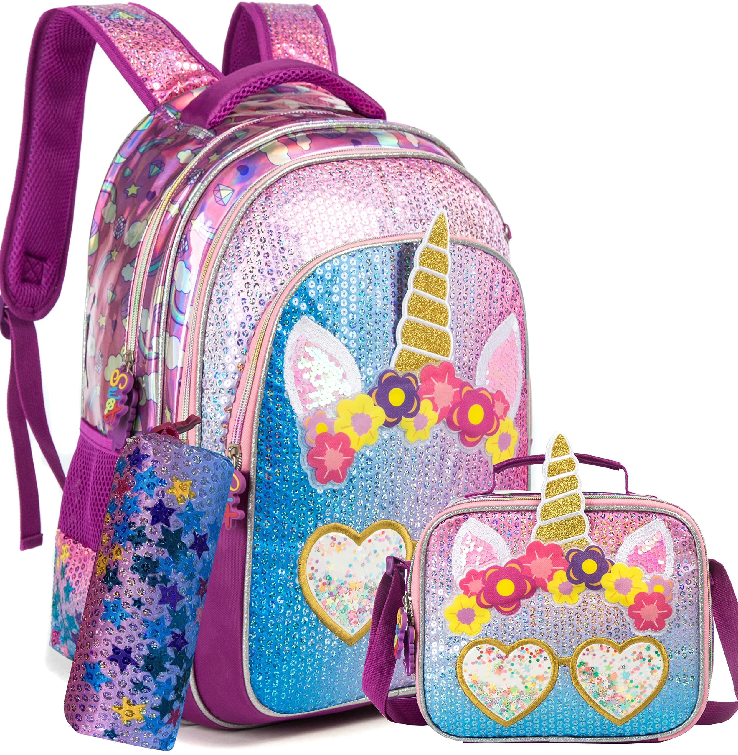 Backpack for Girls 16" Backpacks for Girls for School Sequin Backpack with Lunch Box for Elementary Students