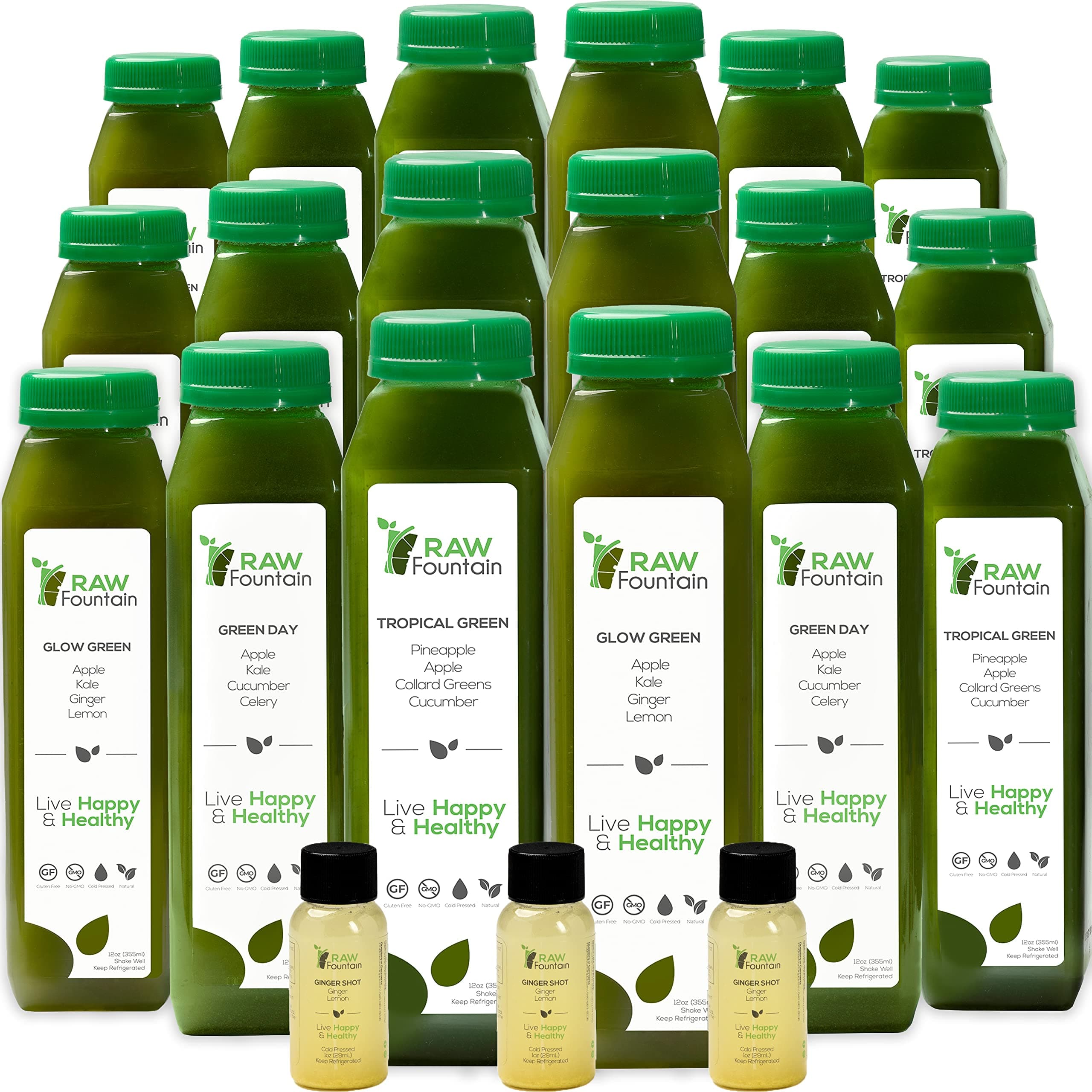 3 Day Green Juice Cleanse by Raw Fountain, All Natural Raw, Vegan Detox, Cold Pressed Juice, 18 Bottles 12oz, 3 Ginger Shots