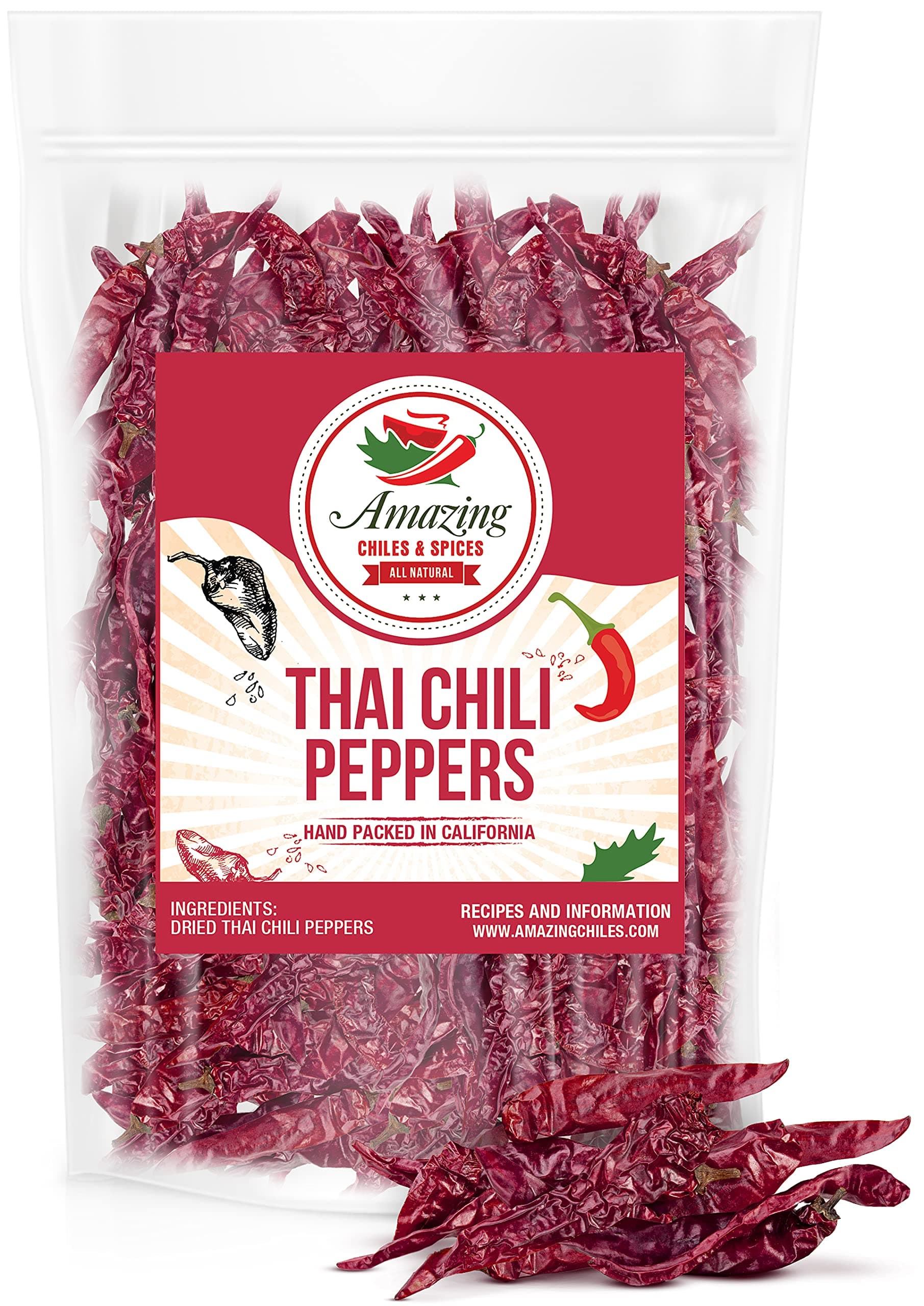 Authentic Red Thai Chili Peppers, 5 oz. Bag, Genuine Hot Red Whole Pepper Chilis, Dried Fresh for Cooking Traditional Asian Foods, Soups, and Curry by Amazing Chiles & Spices