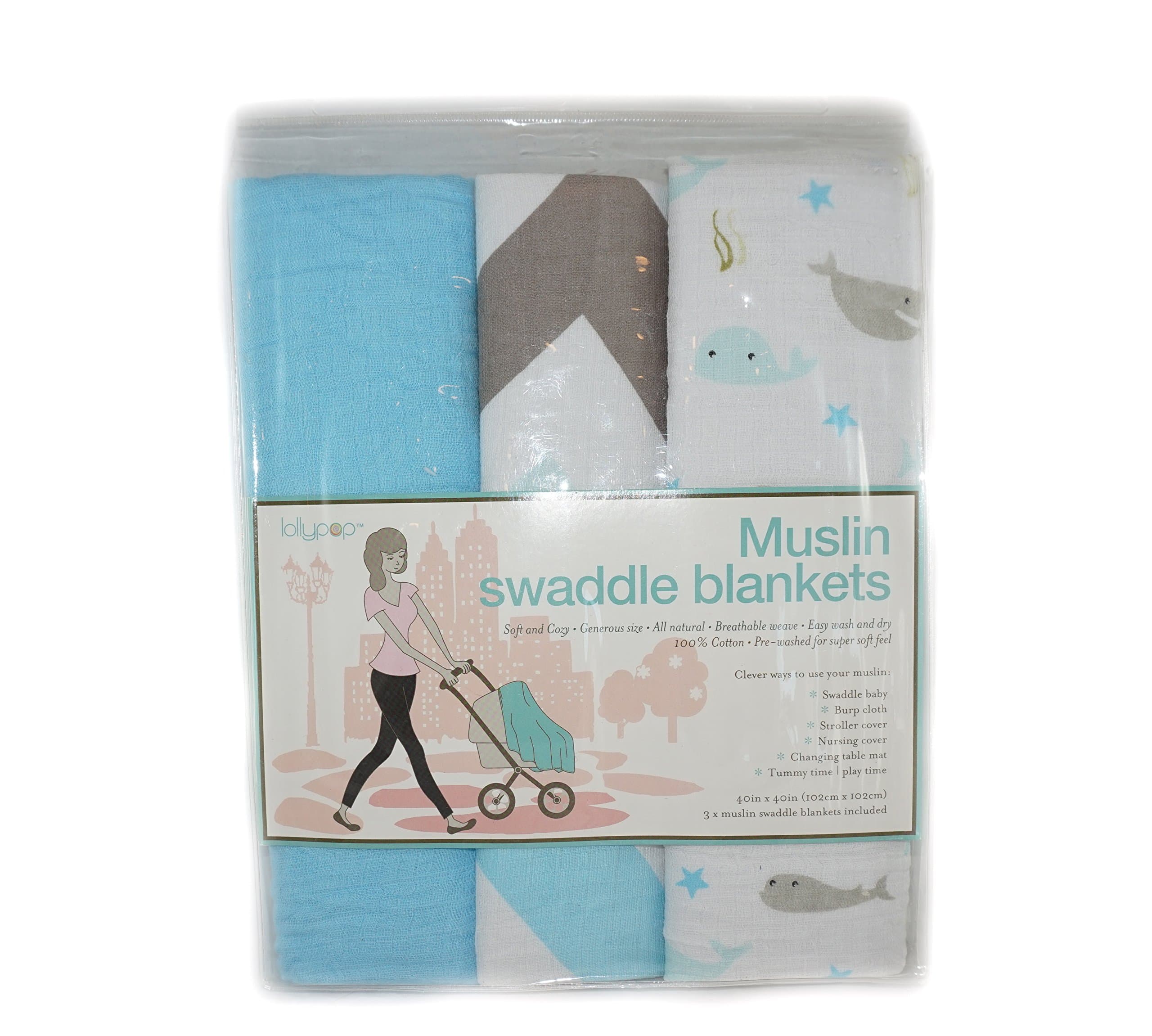 Muslin Swaddle Blankets 100% Cotton (Light Blue Whale)