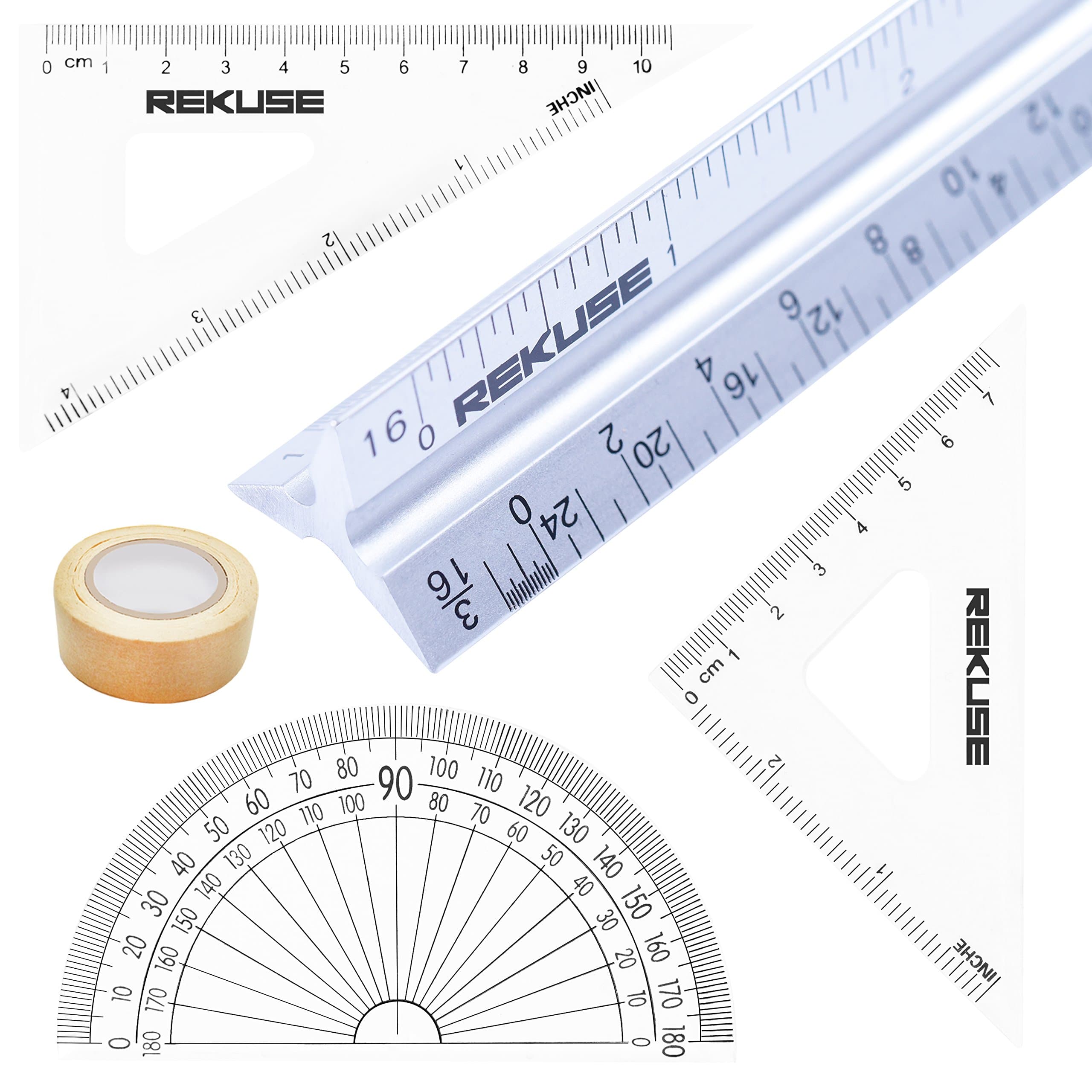 REKUSE 12'' Architectural scale, Triangular Engineer Ruler, Aluminium, Draftsman & Student + Geometry Set with Protractor + Masking Tape