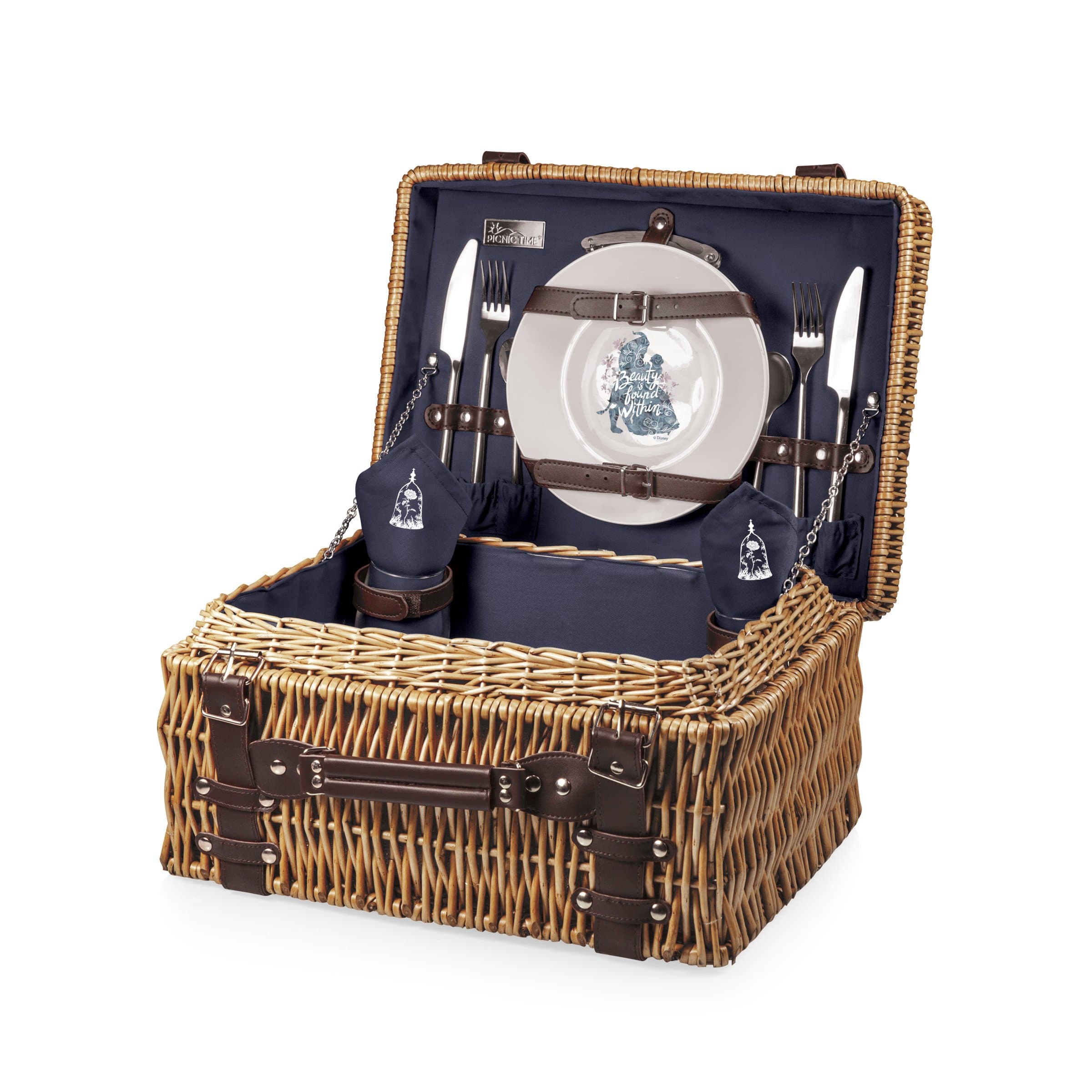 PICNIC TIME Disney Beauty and the Beast Champion Wicker Picnic Basket for 2 with Deluxe Cutlery Service Kit, Large Suitcase Style Picnic Set with Leatherette Handle, (Navy Blue)