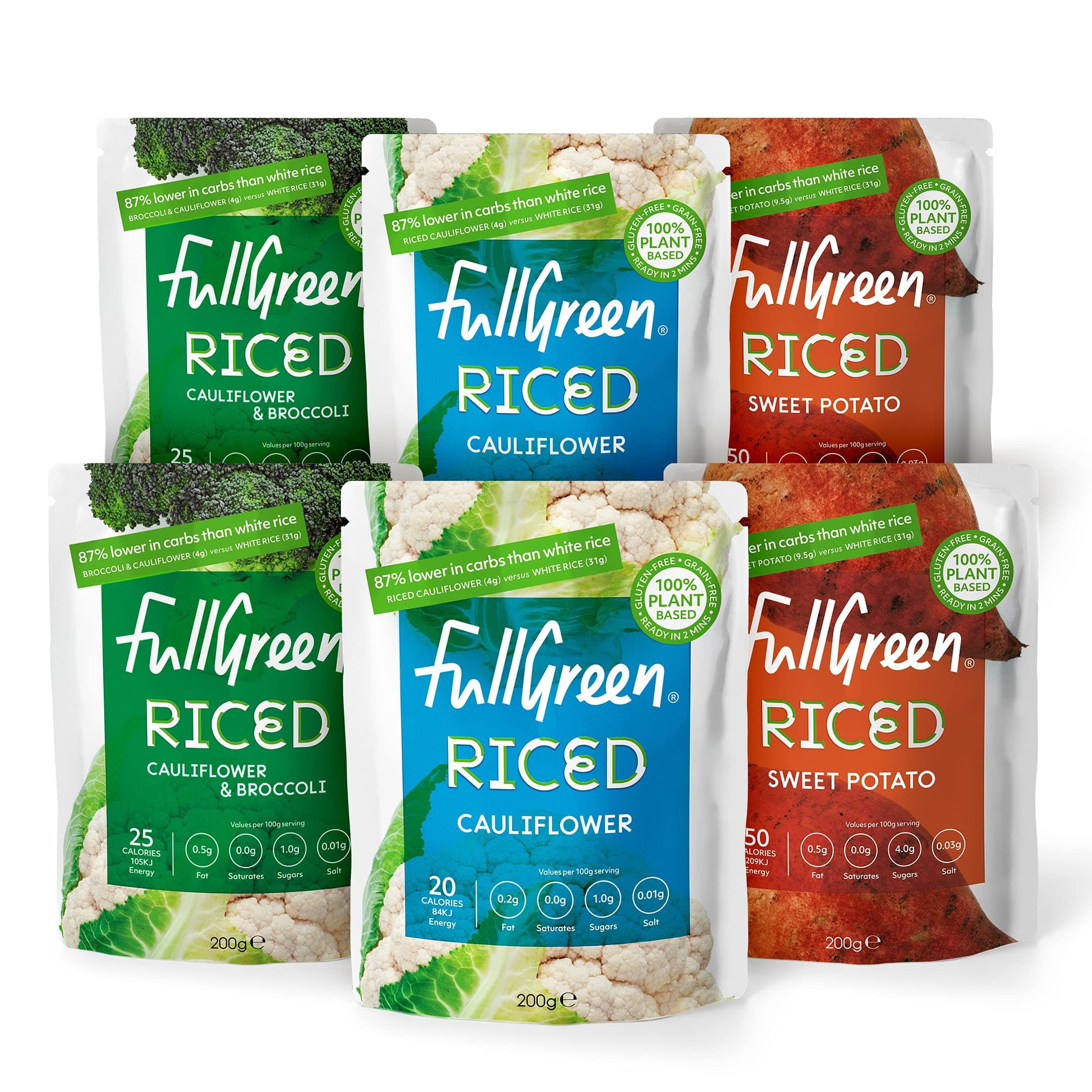 Fullgreen Riced Vegetables variety case, Cauliflower, Broccoli & Cauli, Sweet Potato - the ultimate low carb rice replacement variety pack for your weekly meals - non-gmo & no preservatives - made in the USA