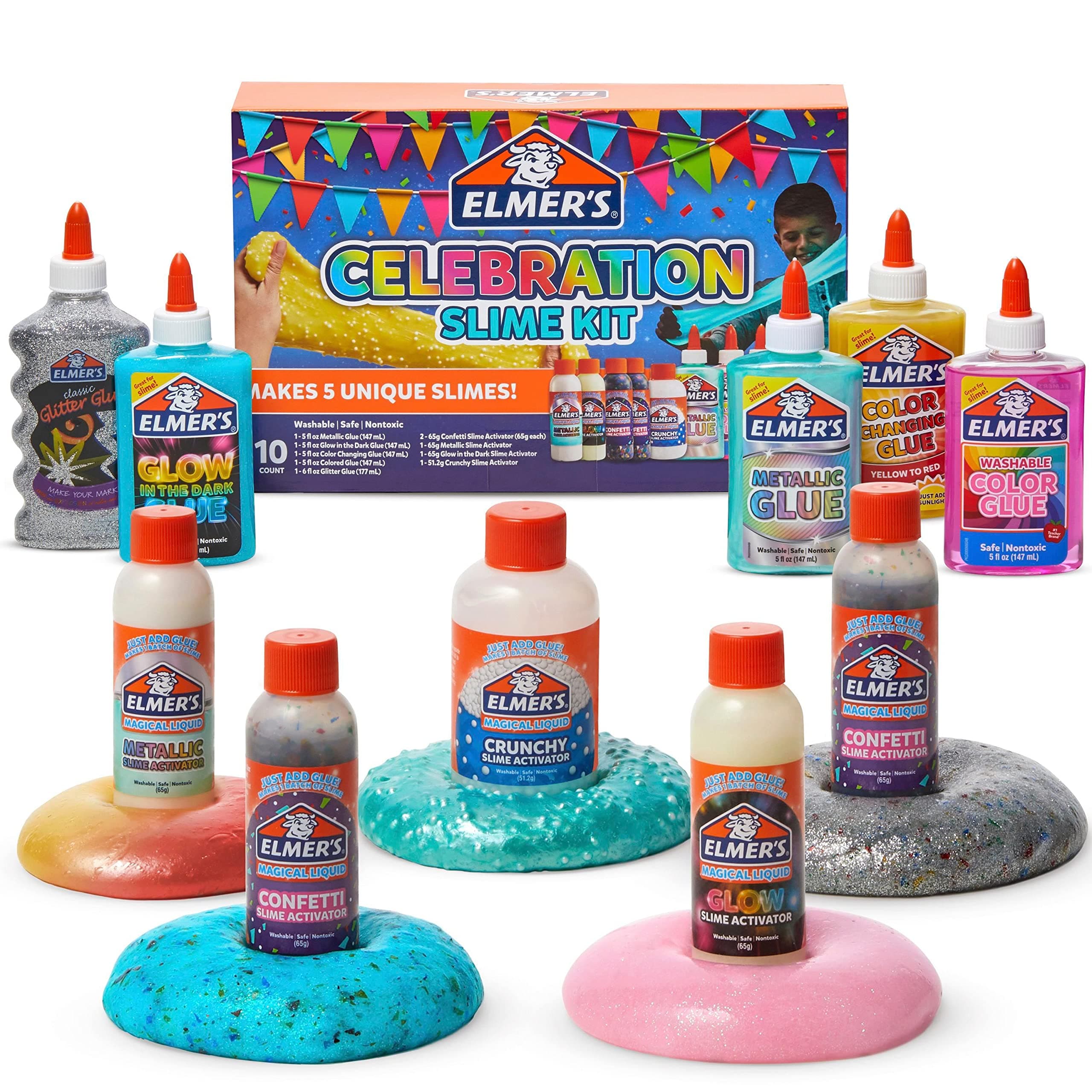 Elmer's Celebration Slime Kit | Slime Supplies Includes Magical Liquid Slime Activator and Assorted Liquid Glue, 10 Count