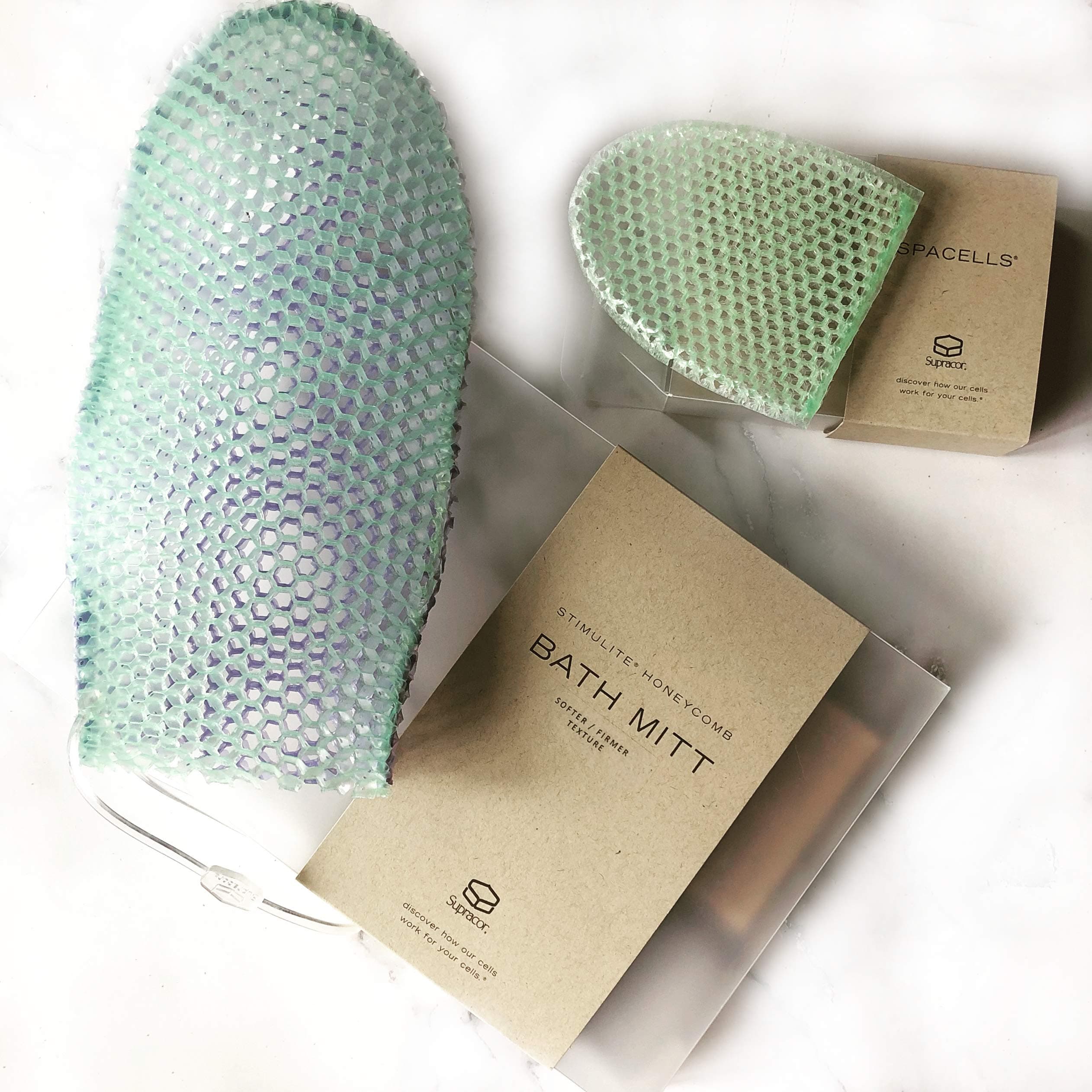 SupracorBundle: Dual-Sided Stimulite Bath Mitt and SpaCells Facial Sponge