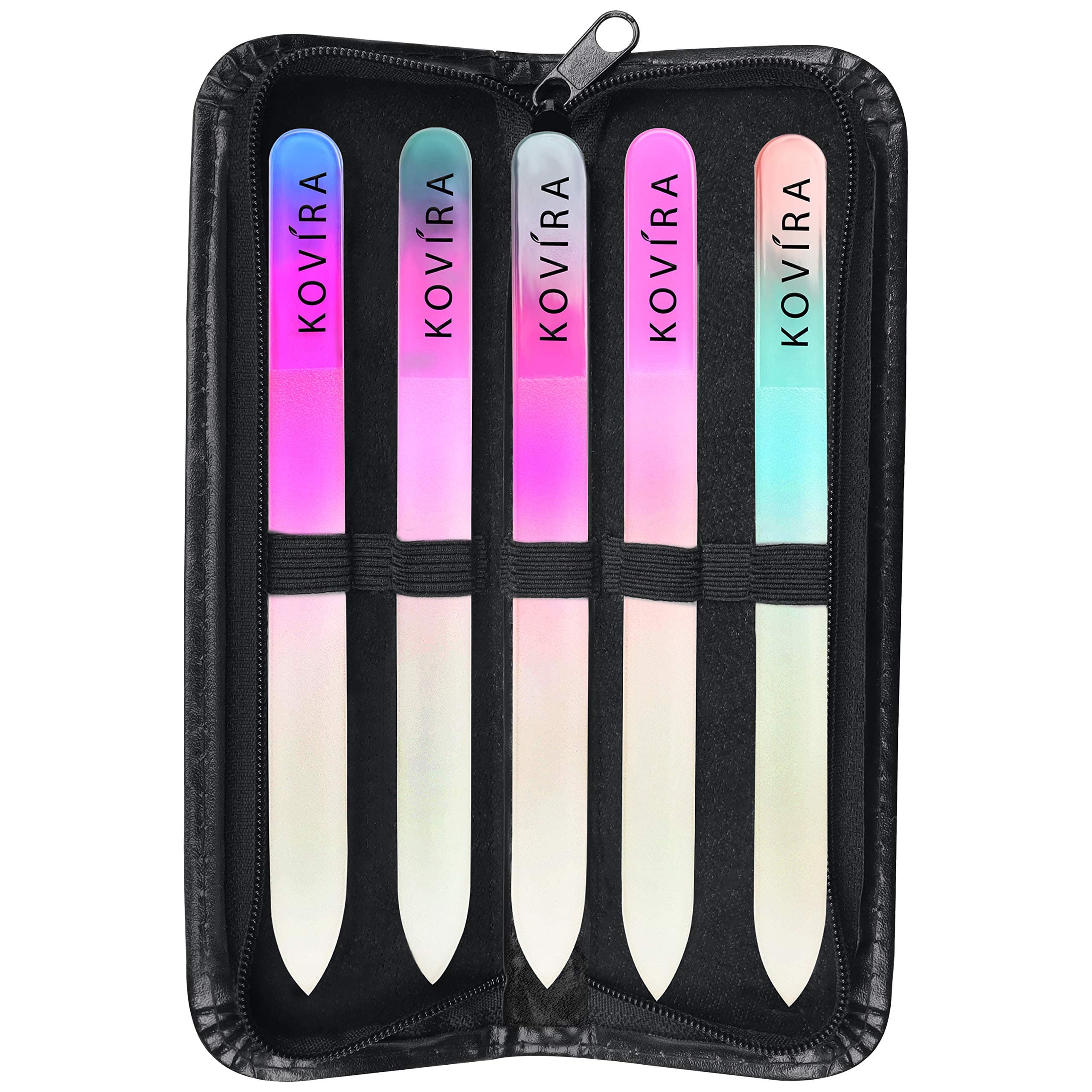 Glass Nail Files with Case (Pack of 5) - Long Lasting Double-Sided Glass File - Manicure/Pedicure Set for Natural Nails and False Nails - Professional Crystal File