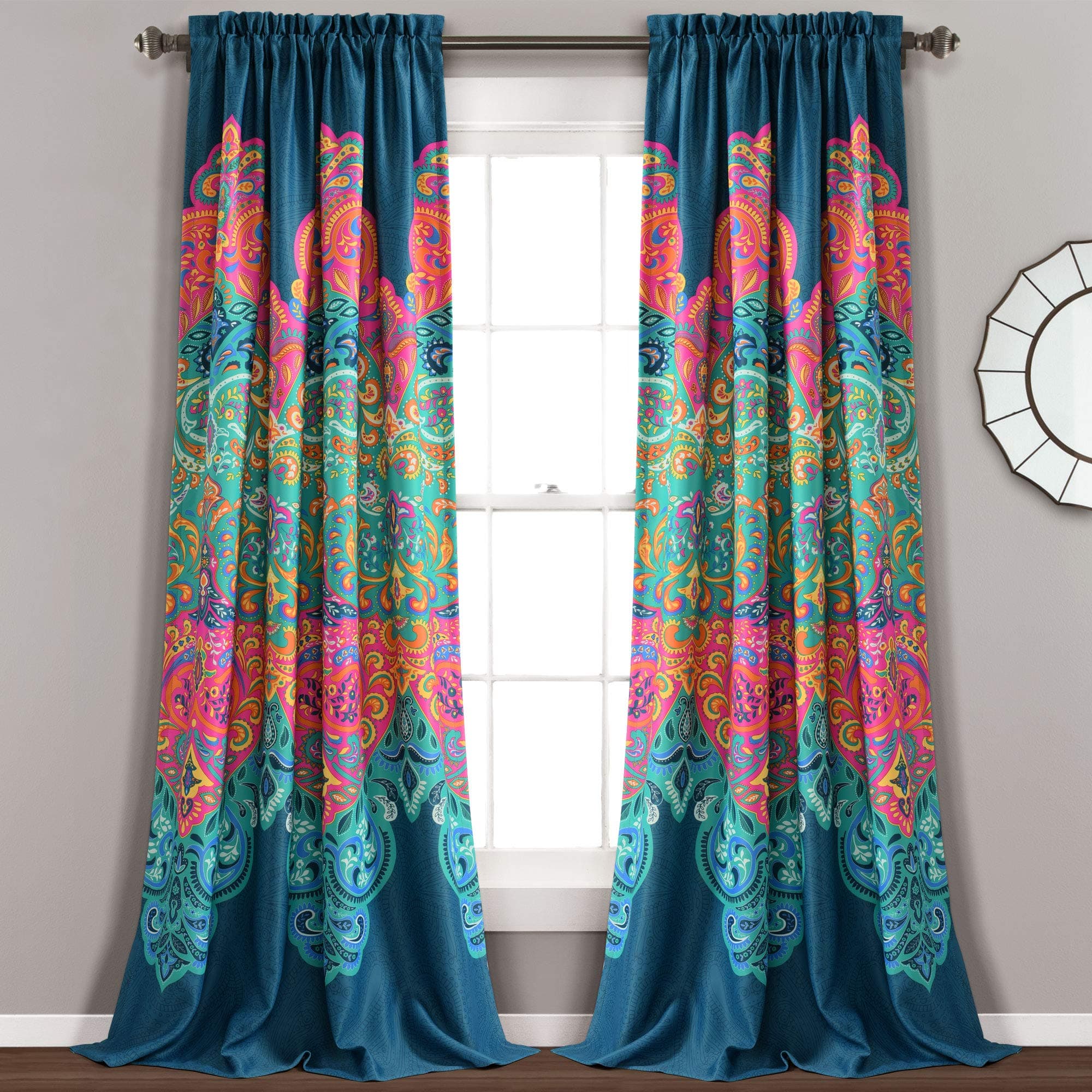 Boho Chic Room Darkening Window Curtain Panel Pair, 84" x 52" + 2" Header, Turquoise and Navy, 84 in x 52 in, Turquoise & Navy