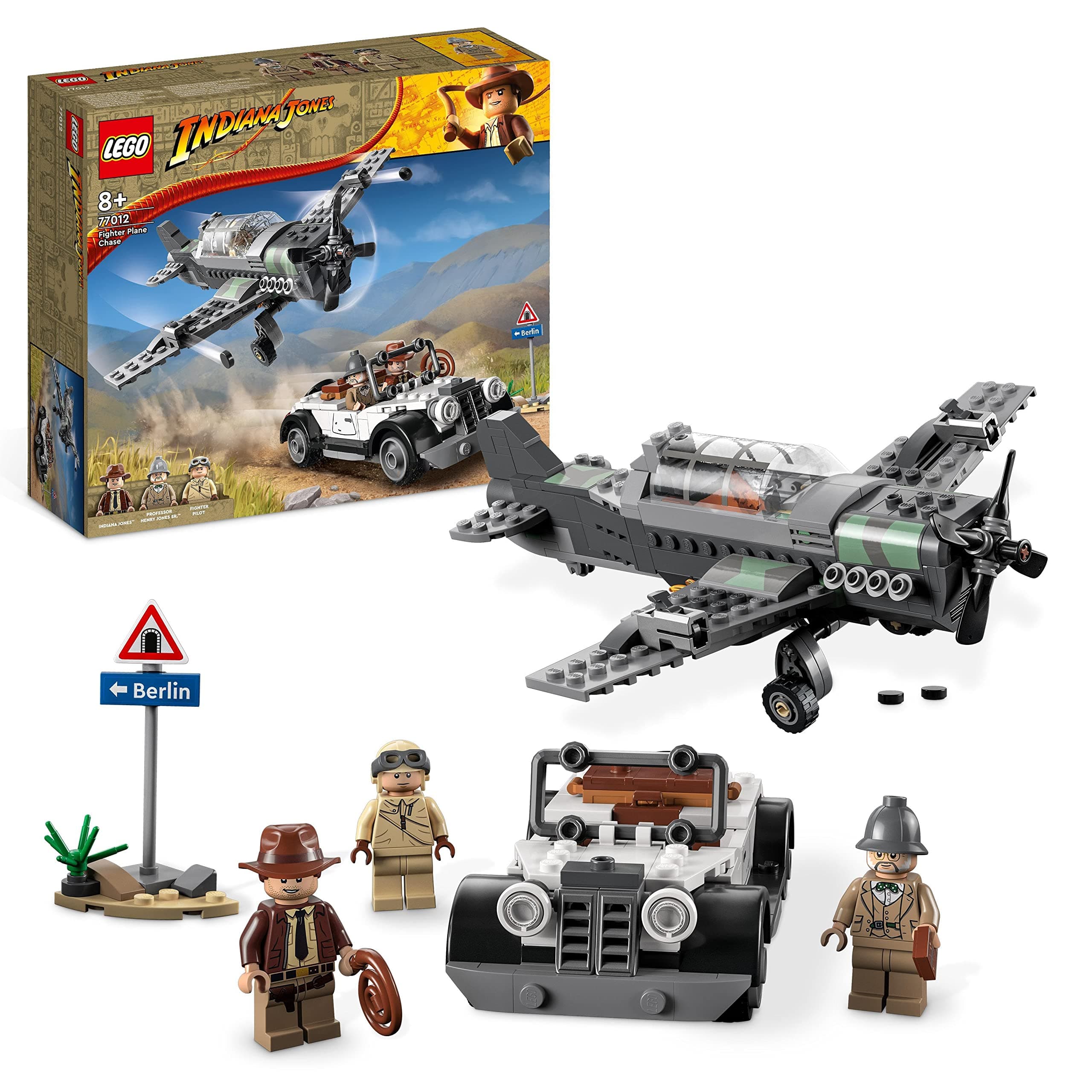 Indiana Jones Fighter Plane Chase Set with Buildable Airplane Model & Vintage Toy Car plus 3 Minifigures, The Last Crusade Action Playset 77012
