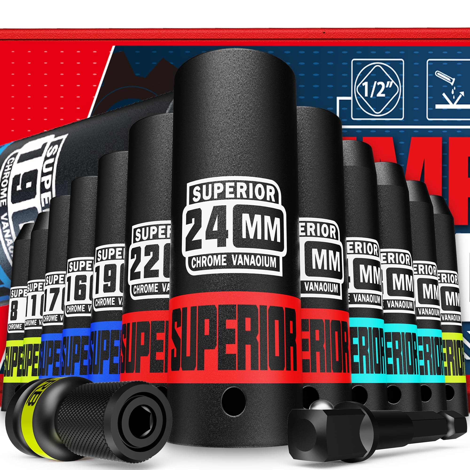 14 Piece 1/2" Drive Impact Socket Set, 8 mm - 22 mm Deep Socket, Metric Socket Set With Adapter & Quick-Release Holder, 6 Point, CR-V, Automotive Maintenance, Machinery Manufacturing