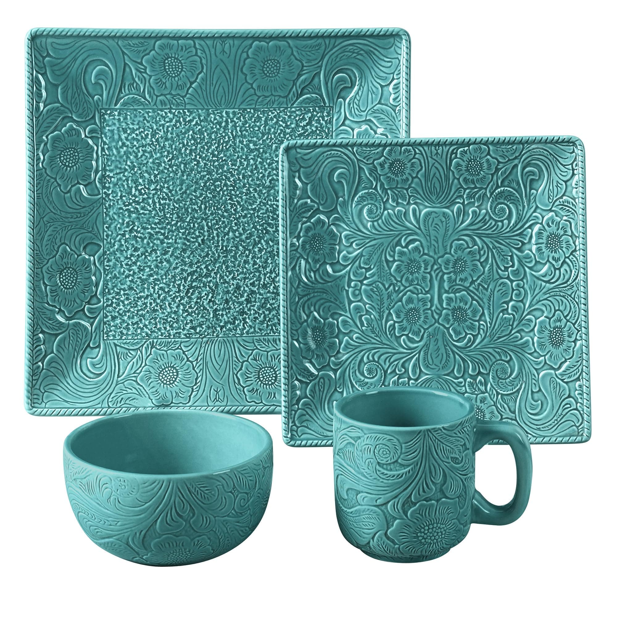 HiEnd Accents Savannah 16 Piece Ceramic Dinnerware Set with Plates, Bowls, Mugs, Turquoise Tooled Leather Floral Pattern, Modern Rustic Western Style
