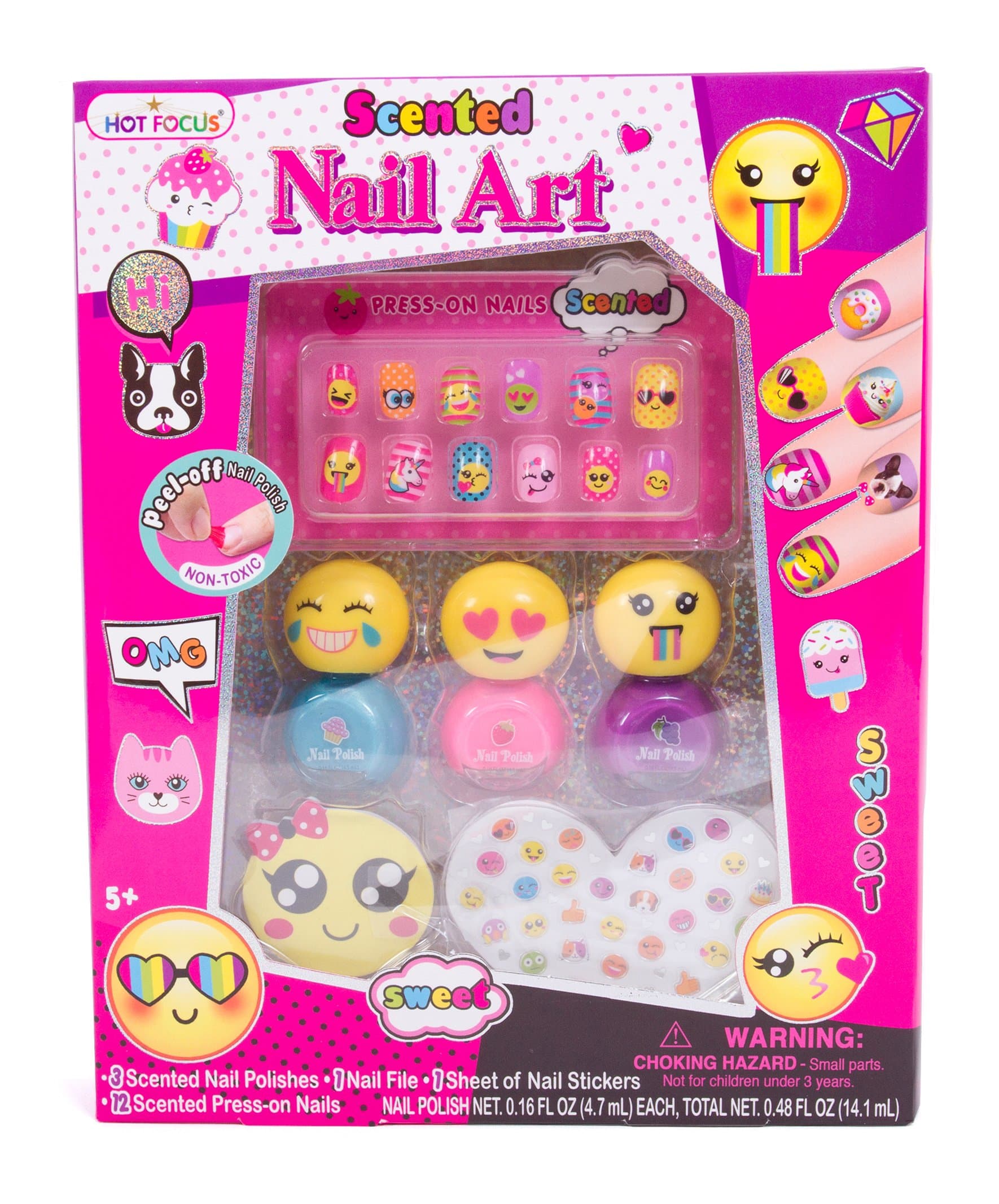 Hot FocusScented Nail Art Kit- Emoji Girls Nail Kit Includes 12 Press on Nails, 3 Nail Polishes, 31 Nail Stickers and a Nail File – Non-Toxic Water Based Peel Off Nail Polish