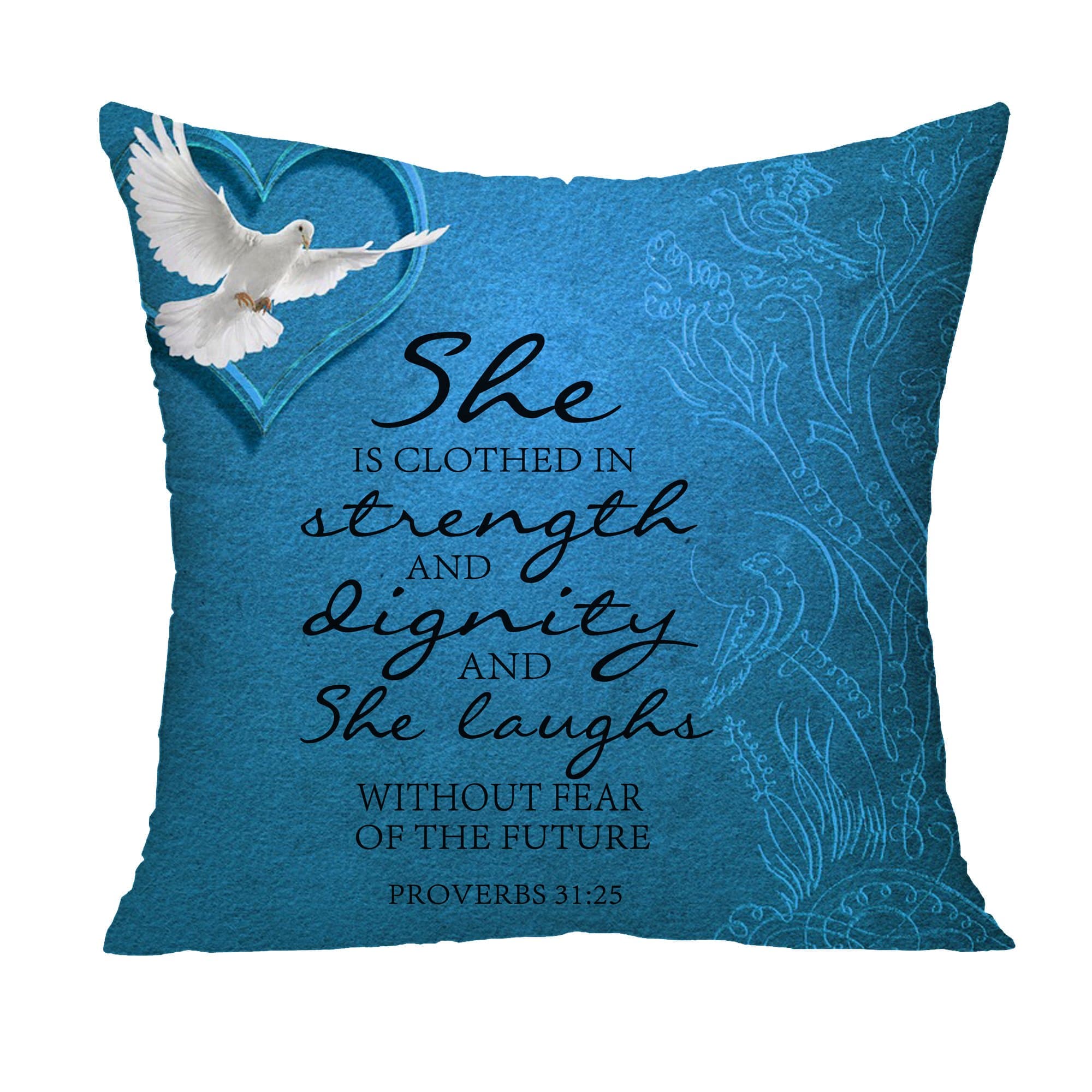 Blue Background and White Pigeon Bible Verse Proverbs 31:25 Decorative Throw Pillowcase Cushion Cover Square Cushion Cover for Home or Sofa 24 x 24 Inch