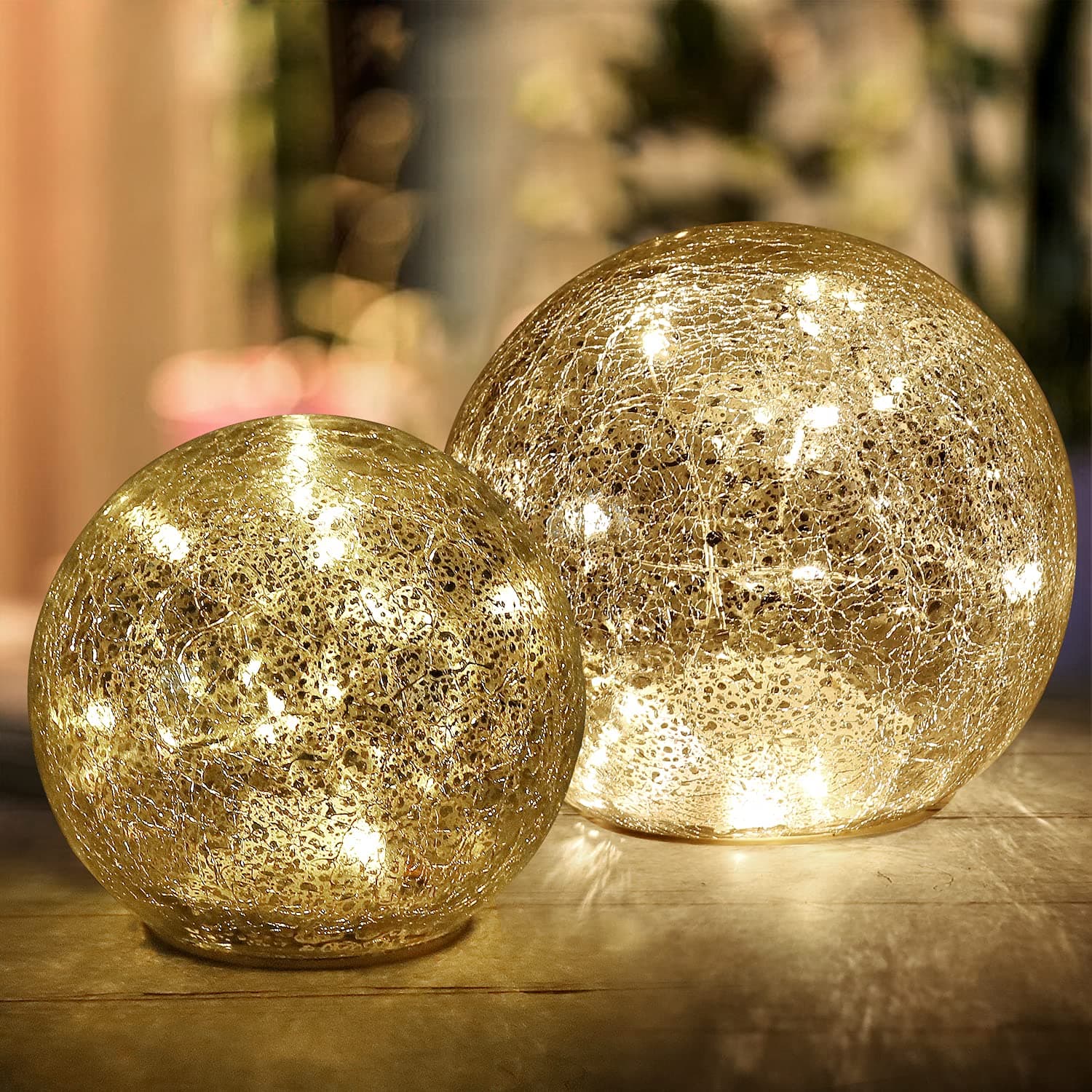 Mercury Crackle LED Glass Globe Ball Lamp with Timer, Battery Operated Night Light for Girls, Birthday, Halloween,Christmas - Decorative Gift for Home Warm White (No Timer)